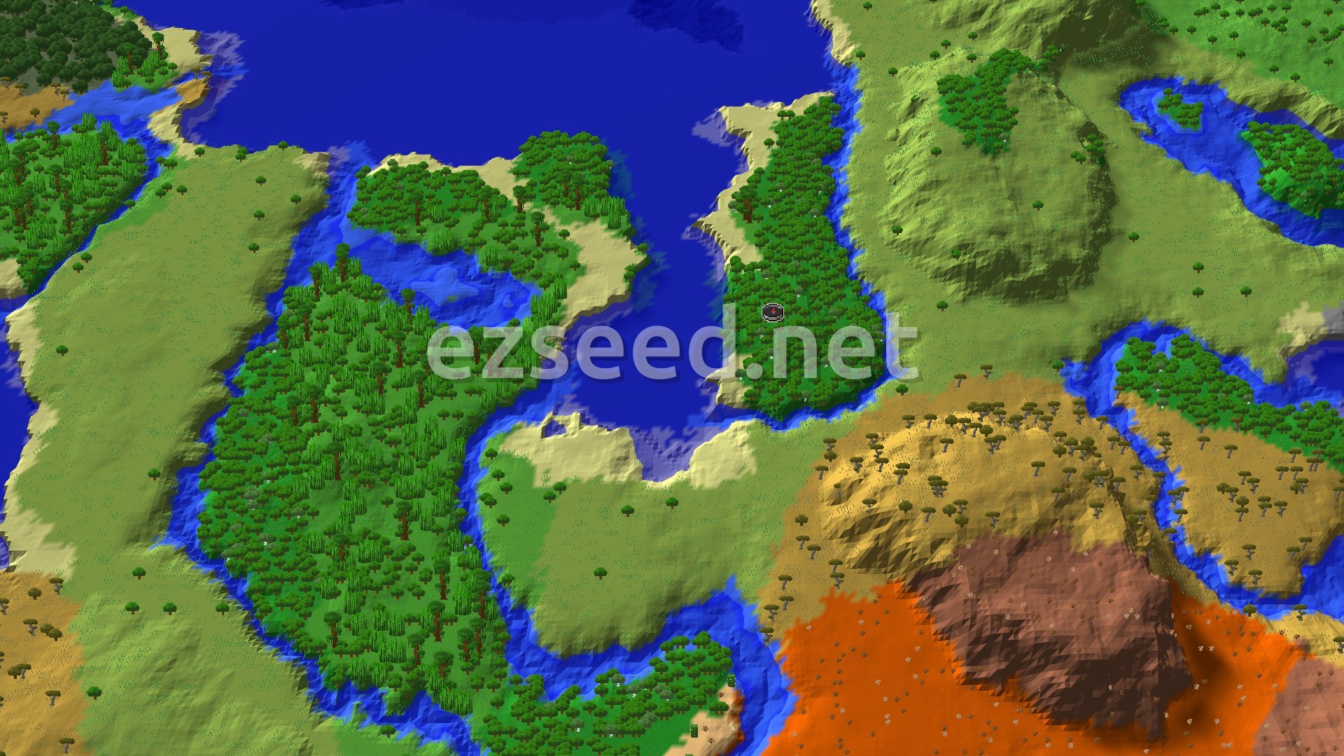 A bird's eye view of a varied landscape, showing a dense forest at the center with a spawn marker. To the east and south, a savanna transitions into badlands, while rivers and oceans surround the forest.