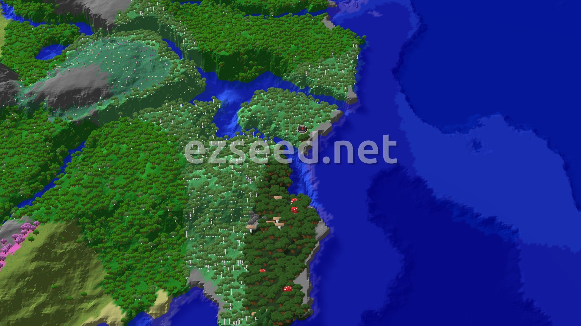 An aerial 3D view of a varied landscape, featuring a dense birch forest at the center, surrounded by other green biomes, a river, and a large blue ocean. A small spawn marker is visible near the center.