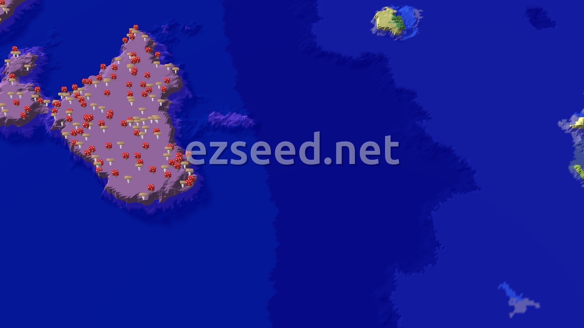 A 3D fly-over of the spawn area shows a dark blue ocean surrounding a large, purple island covered in red-capped mushrooms, with smaller green and yellow islands in the distance.