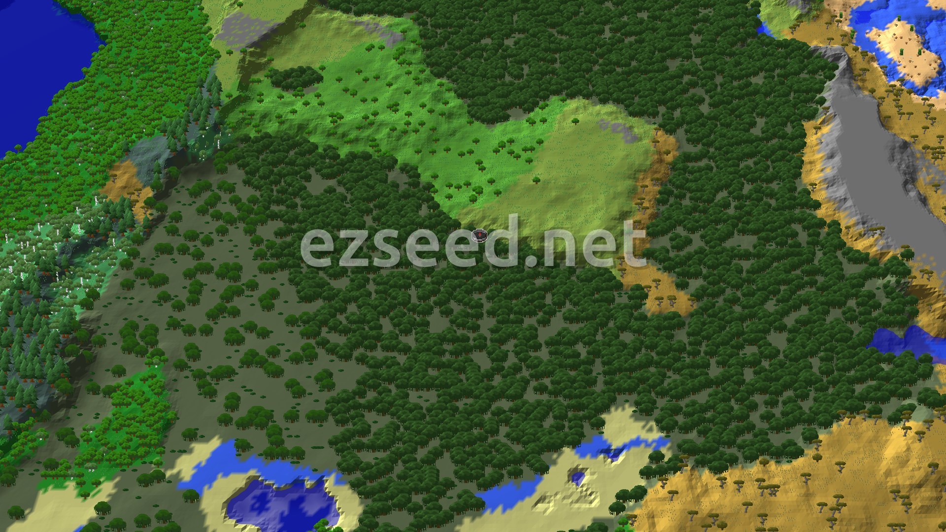 An overhead view of a diverse landscape featuring dense mangrove swamps, plains, and sparse jungles, with winding rivers and some hilly terrain visible. A small marker indicates the spawn point.