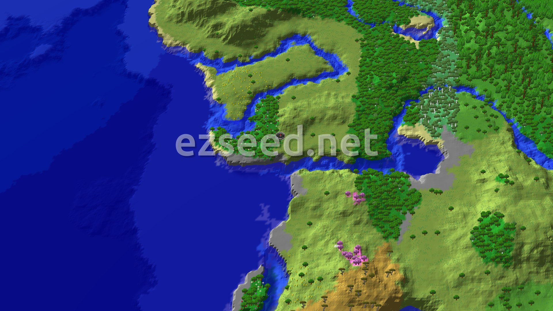 An aerial view of varied terrain around a spawn point, showing dense forests, rivers, open plains, and a large ocean. A small cluster of pink-leafed trees is visible to the south.