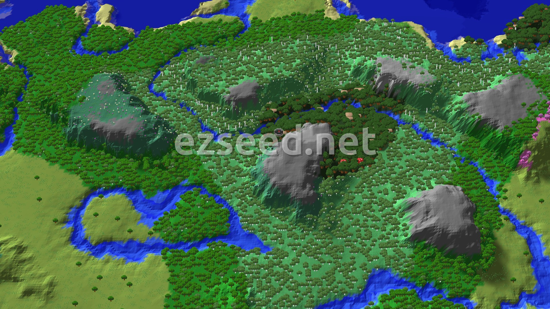 A dense forest landscape with a winding river and several grey, rocky hills. A small marker indicates the spawn point within a dark, thick forest.