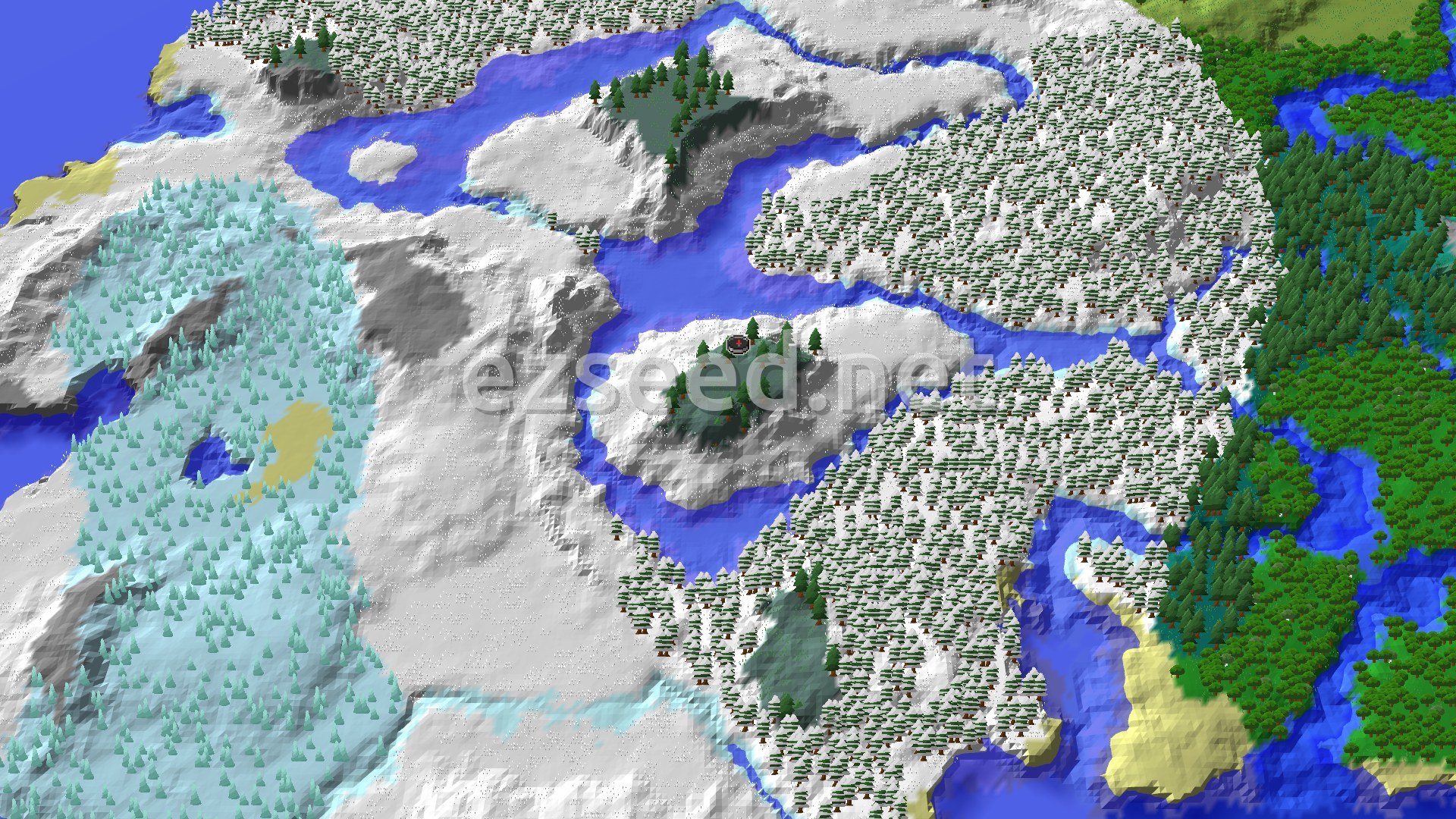A 3D fly-over of the snowy and forested terrain around spawn, showing a small island with a spawn marker in a frozen river, surrounded by snow-covered hills and evergreen trees, with a large forest to the east and a lighter-colored forest to the west.