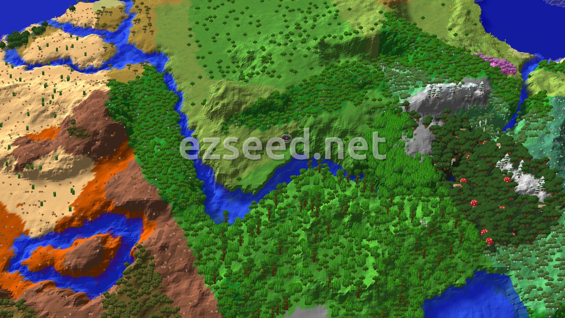 Aerial Minecraft seed map — Bamboo Jungle and Trial Chambers Near Spawn