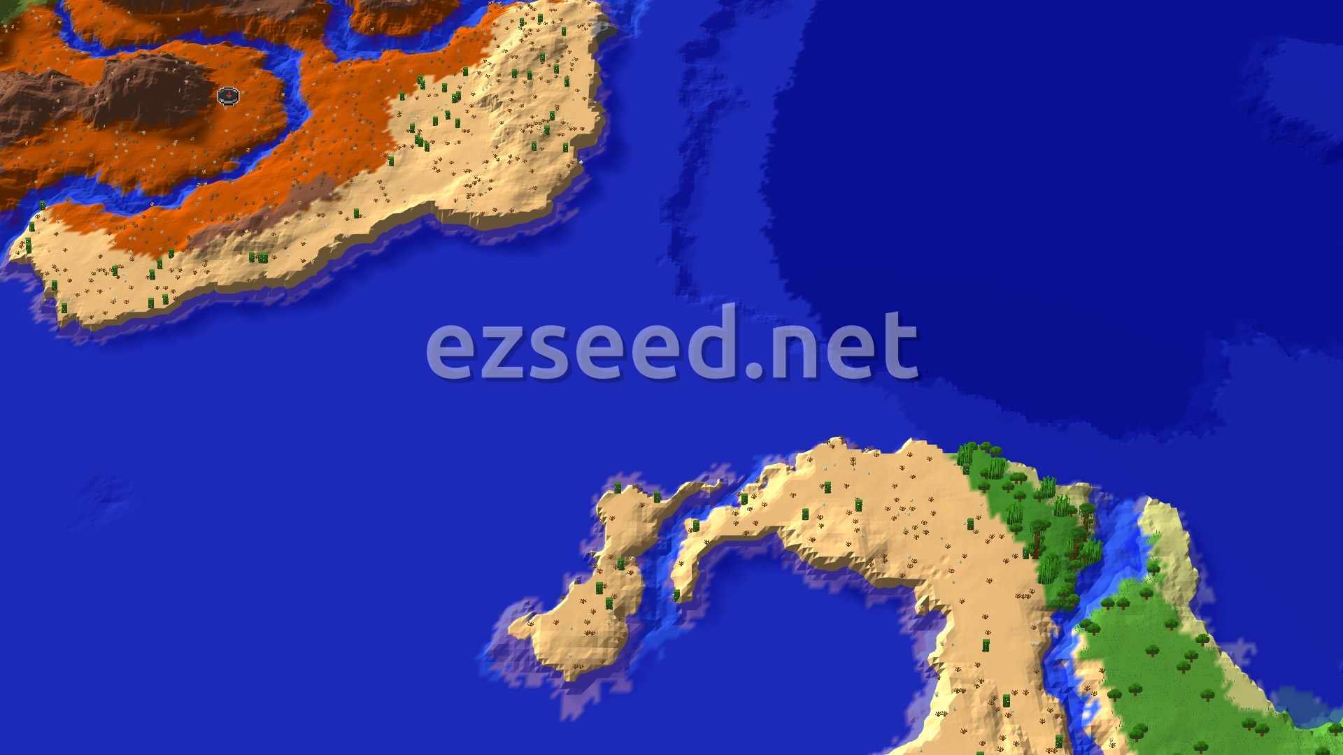 Aerial Minecraft seed map — Eroded Badlands Spawn with Nearby Trial Chambers