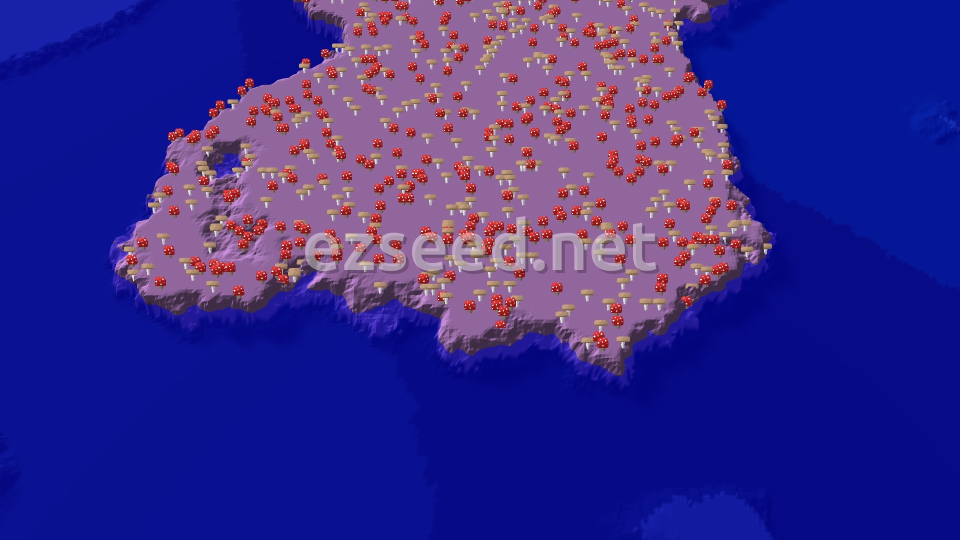 A 3D fly-over of a Mushroom Fields biome, covered in red and brown mushrooms, with deep blue oceans surrounding the island.