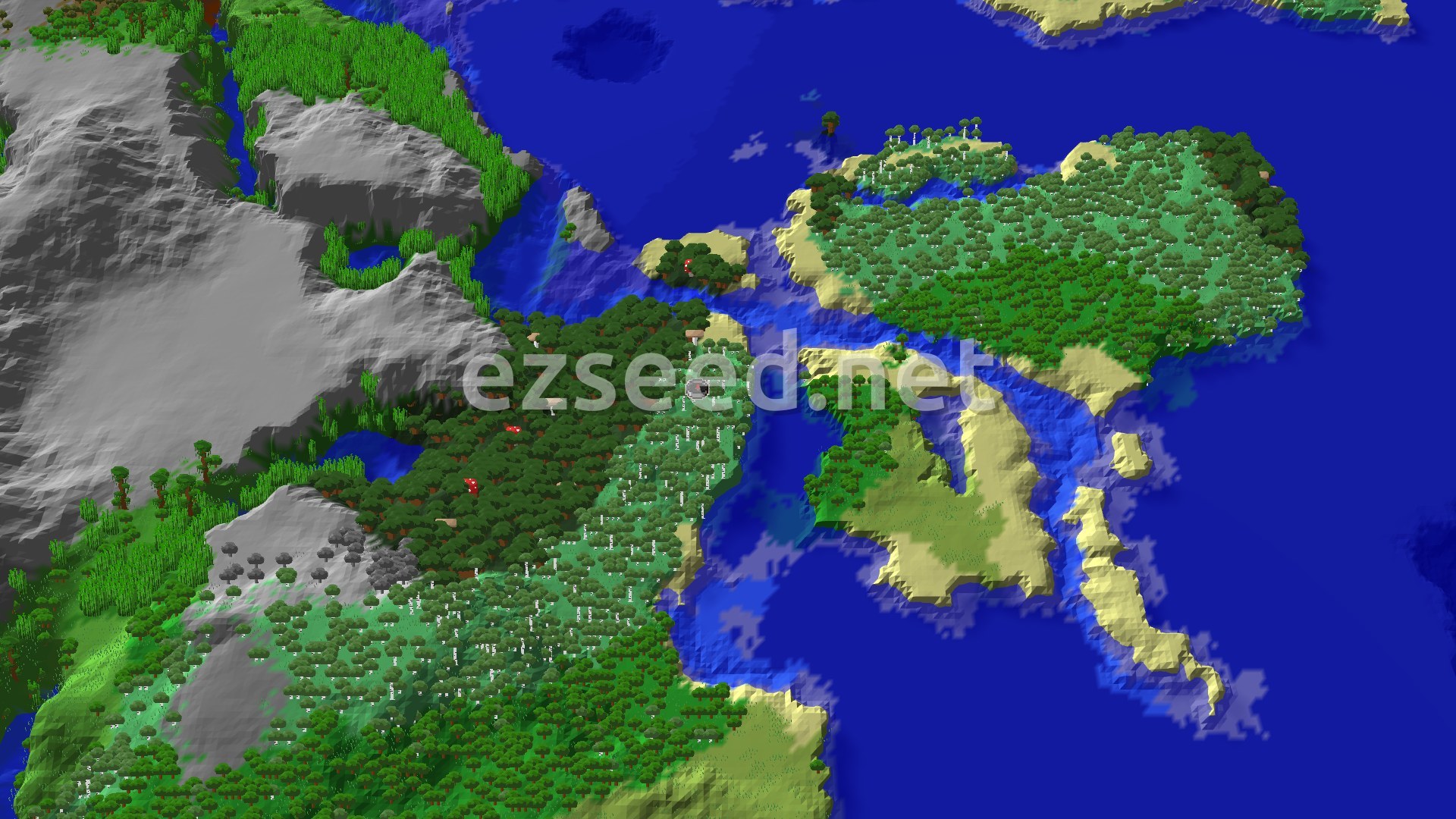 An aerial view of a varied landscape, showing a mix of green forests, light-colored beaches, and blue ocean, with some gray mountainous terrain to the west.