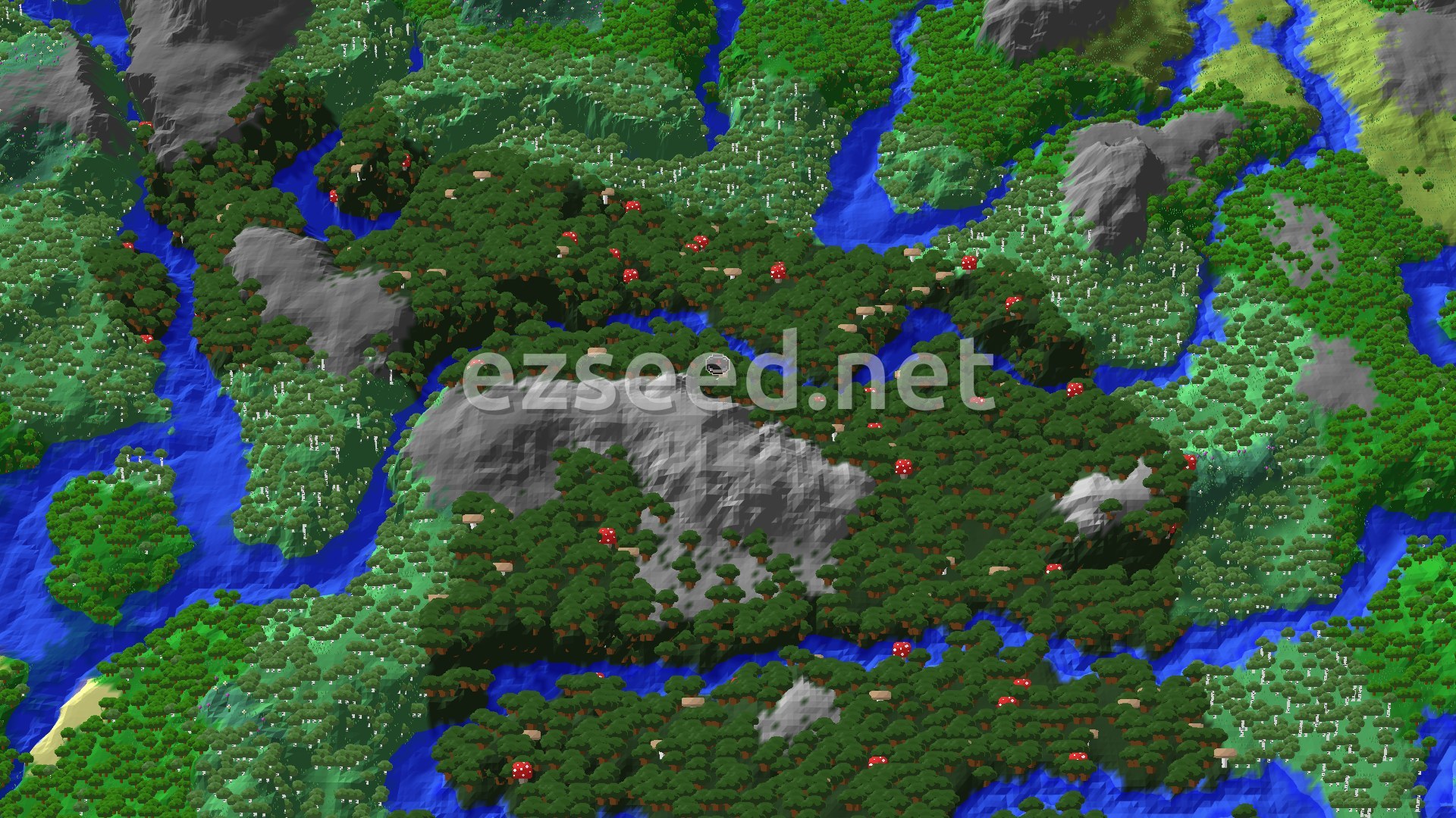 An aerial view of a dense dark forest biome at the center, surrounded by winding rivers, areas of lighter green trees, and rocky terrain, with several red mushrooms visible.