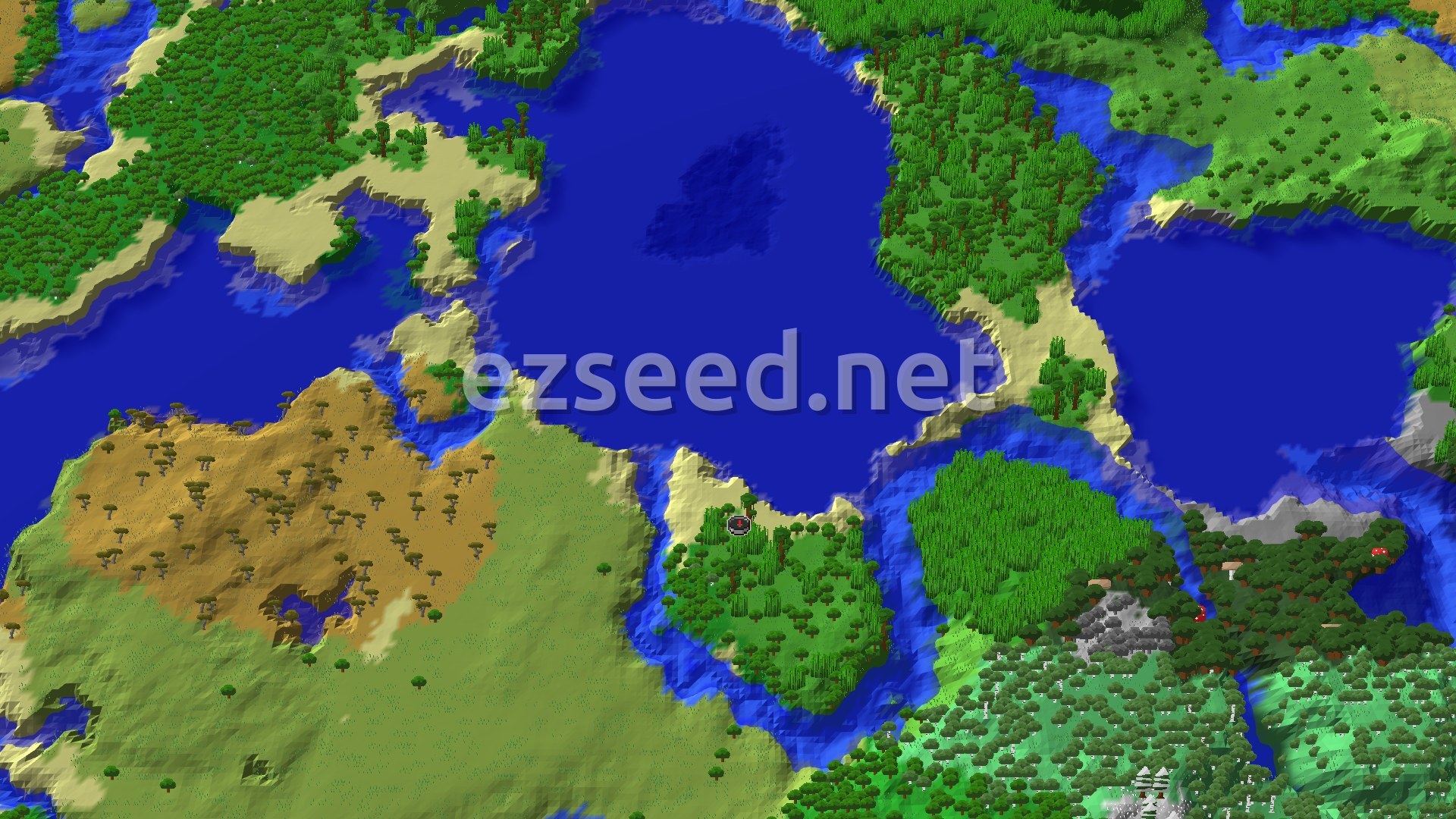 An aerial view of a varied landscape featuring a large central lake. Lush green jungles and forests border the water, interspersed with sandy beaches and a savanna biome to the southwest. A small spawn marker is visible in a jungle area near the lake.