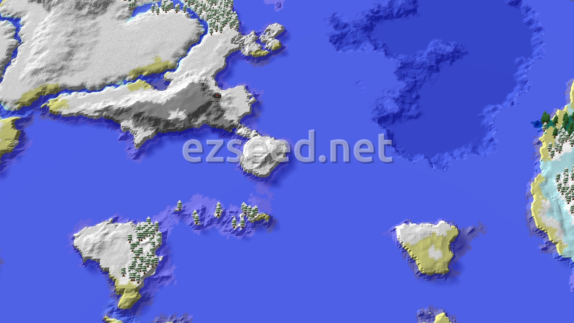 An overhead map view showing a snow-covered landmass with scattered green trees, surrounded by large expanses of deep blue ocean. A small red spawn marker sits on a snowy hill near the center.