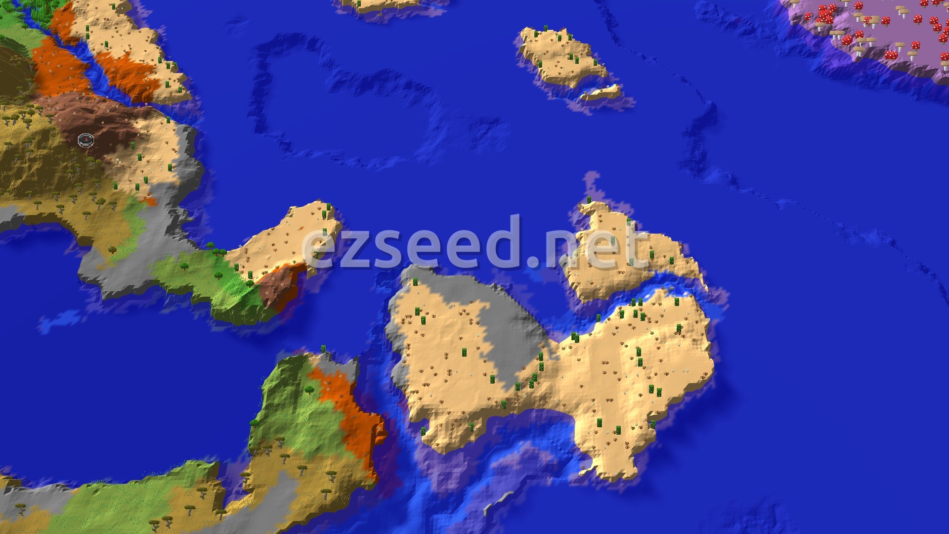 An aerial view of a large landmass surrounded by ocean. The terrain features various biomes including a prominent desert island, green savanna, and red badlands with a small spawn marker in the badlands area.