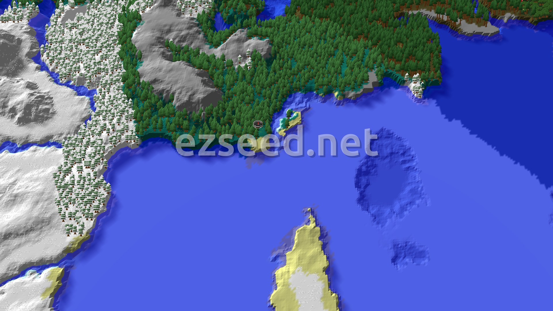 A snowy taiga landscape with a river cutting through, surrounded by a frozen ocean and distant snow-capped mountains.