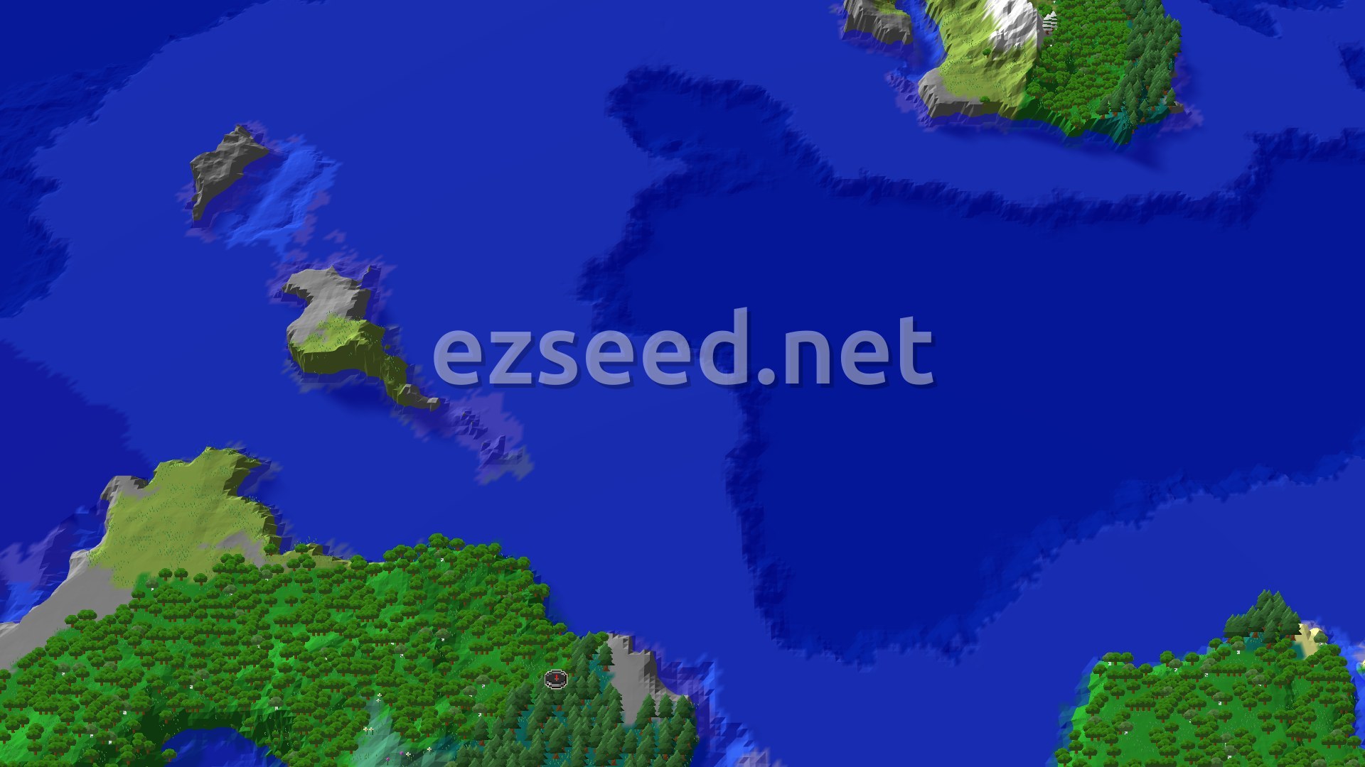 A 3D fly-over of a world with a large body of deep blue water, surrounded by green forested land and some bare, grey hills. A small spawn marker is visible on one of the forested landmasses.