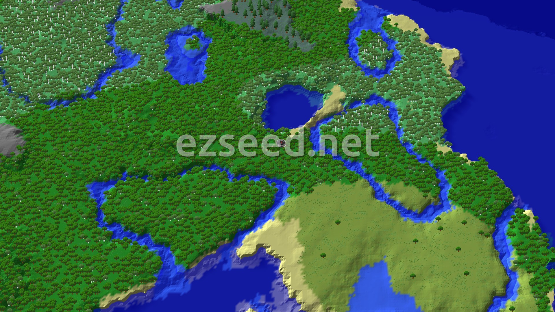An aerial view of a varied landscape, featuring a dense forest with a prominent lake, surrounded by rolling hills and some open plains.