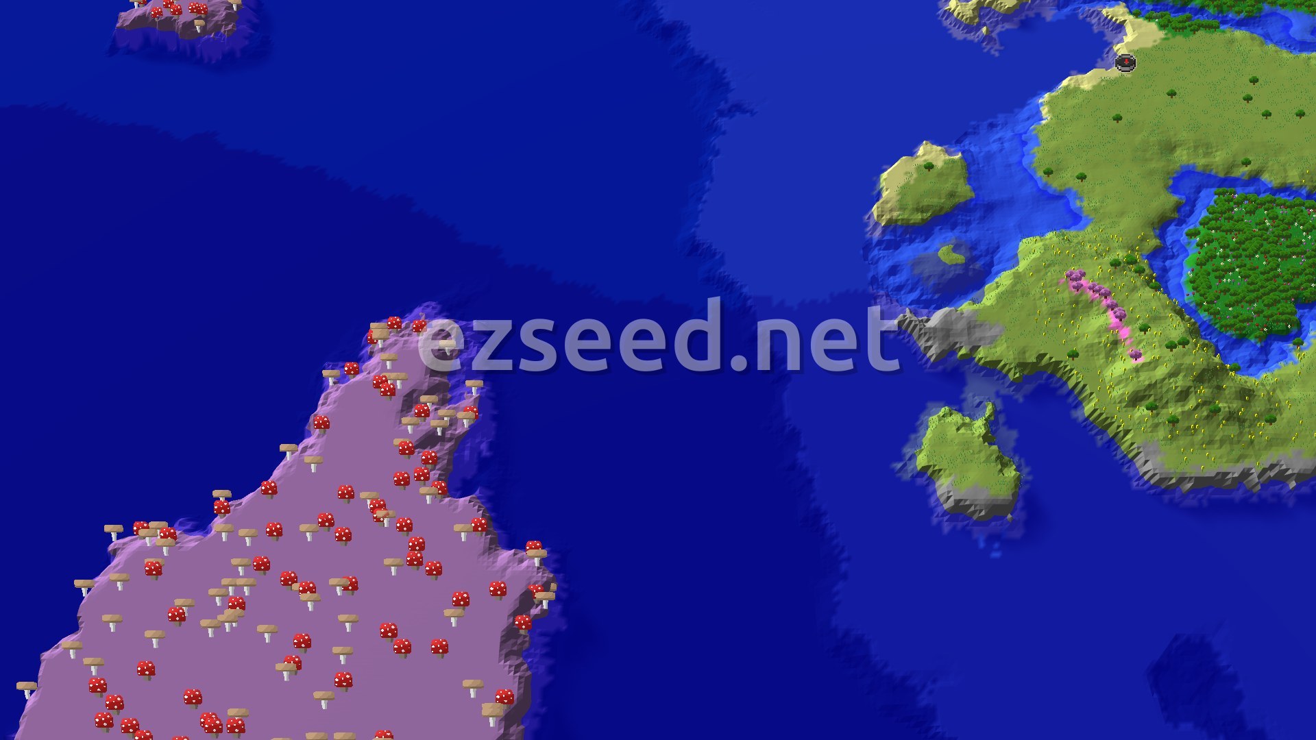 An overhead view of a green plains biome with a dark forest and a strip of pink cherry trees, bordered by blue ocean and a large purple mushroom fields island.