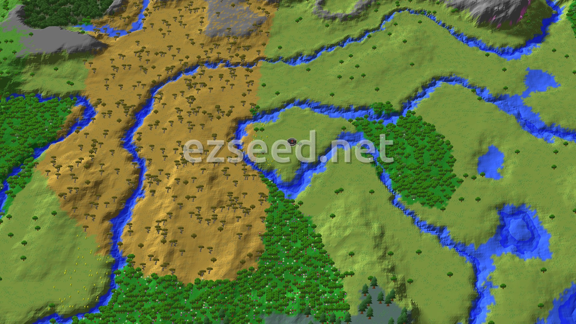 A 3D fly-over of the seed's spawn area showing green plains, a winding blue river, and a large golden savanna with scattered trees, all under a bright sky.