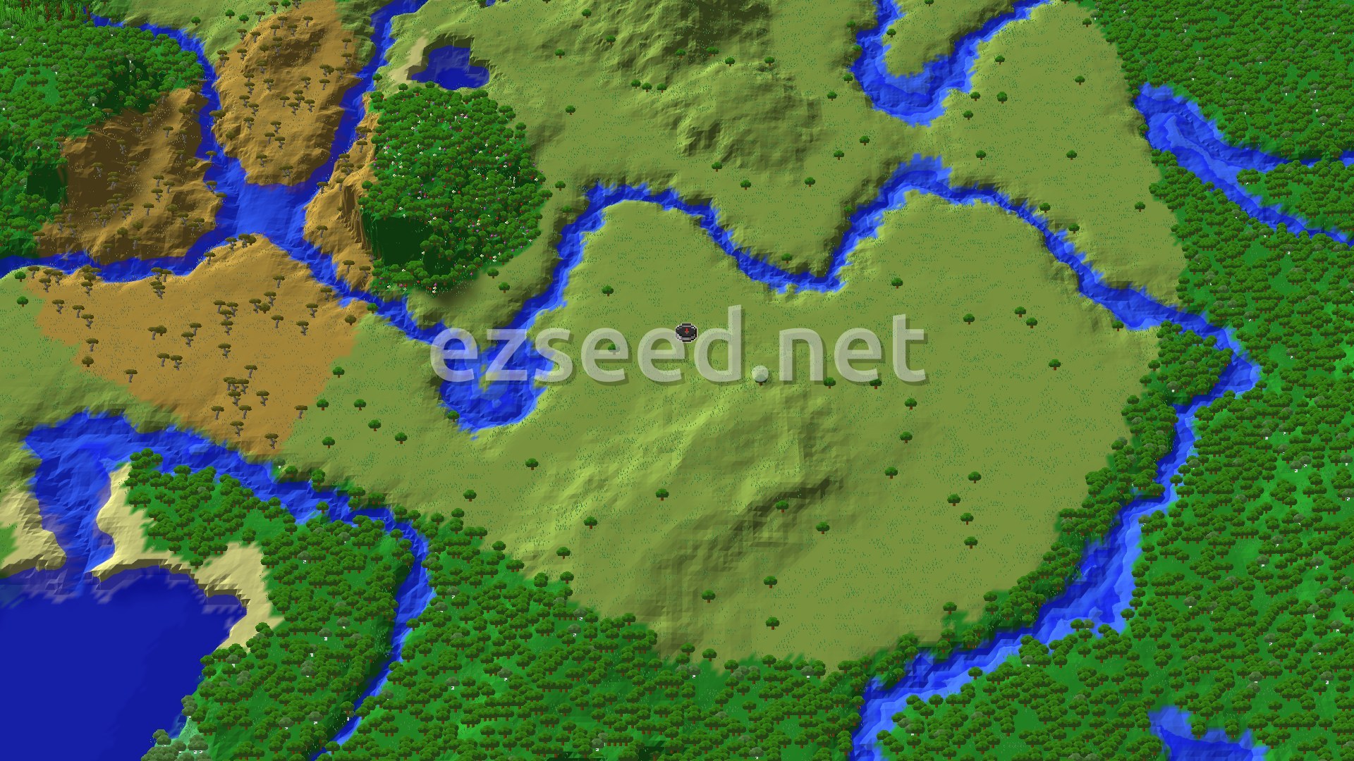 An overhead view of a mostly flat, green plains biome with sparse trees. A winding blue river cuts through the landscape. To the left, a more arid, orange savanna biome is visible, also bisected by the river. A dense forest area is to the far right, and a lighter green patch of flower forest is to the upper left.