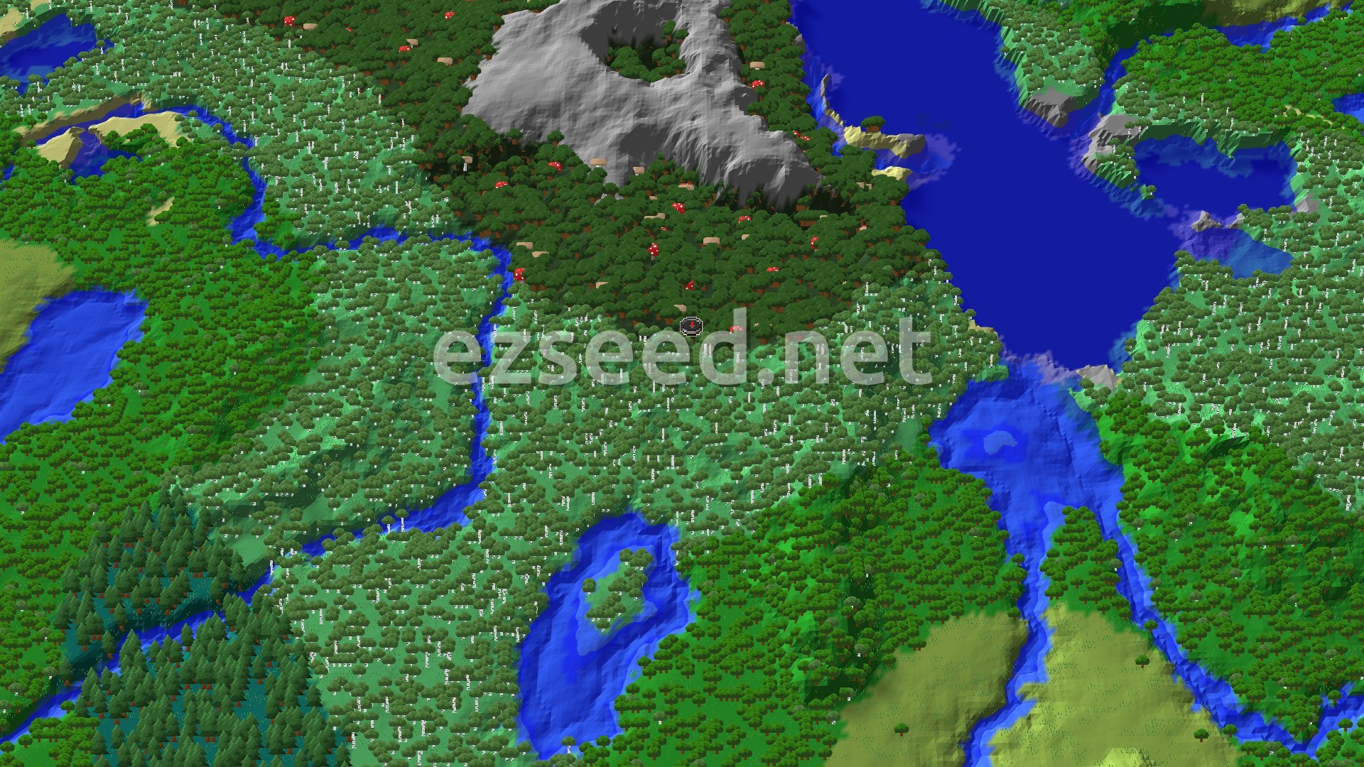 Aerial Minecraft seed map — Spawn in Birch Forest with Close Ancient City