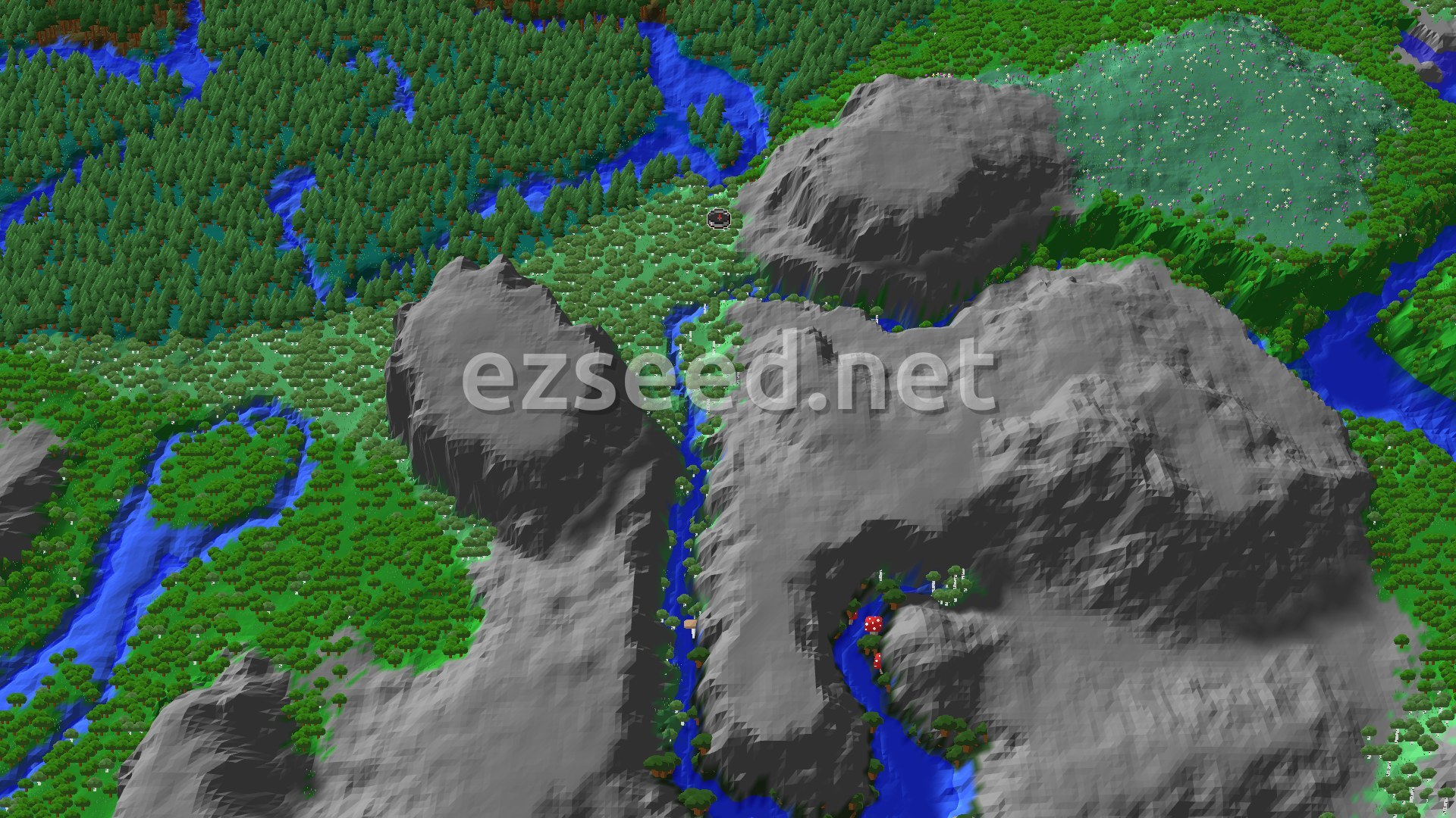 Aerial Minecraft seed map — Forest Spawn with Nearby Ancient City and Village