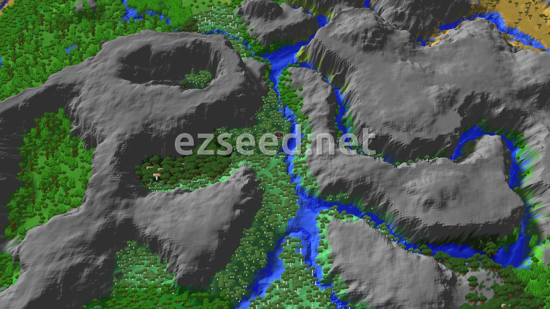 A 3D overhead view of a mountainous, forested landscape with a winding river and a small spawn marker in a valley.