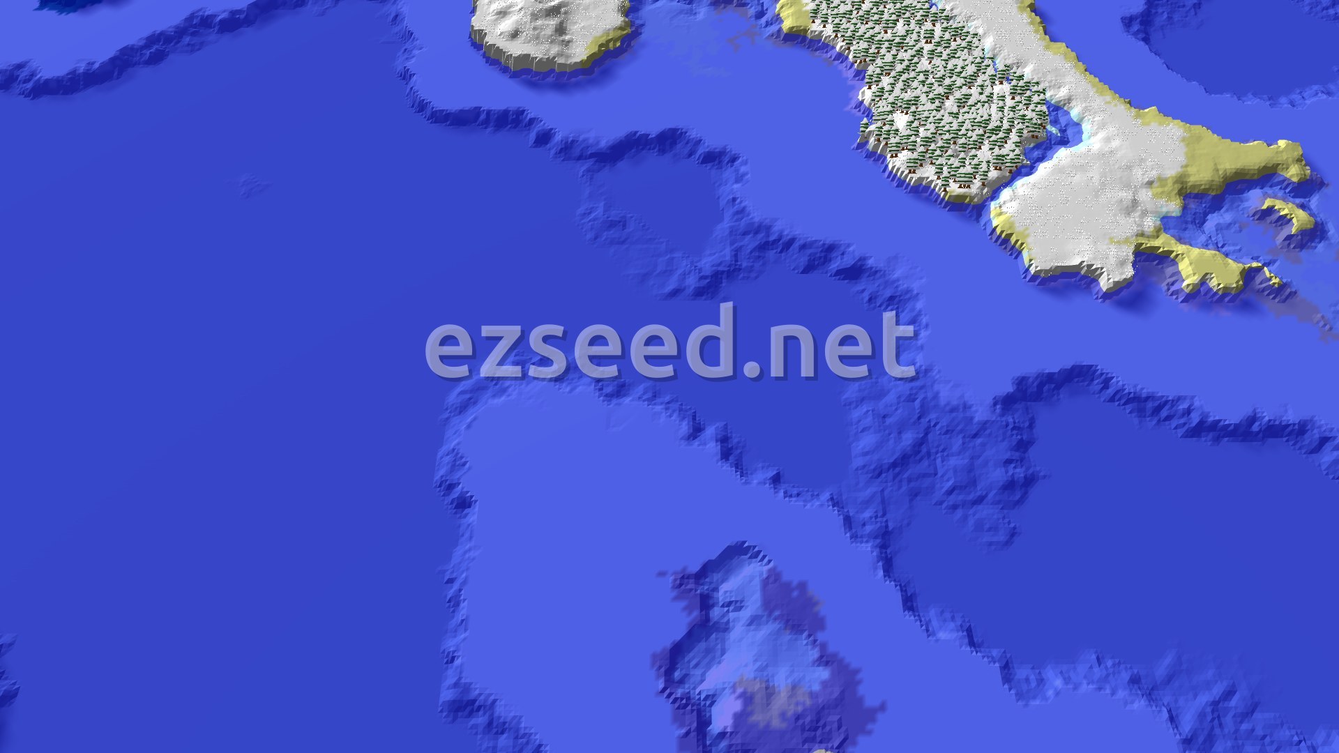 A 3D fly-over of a snowy, forested island surrounded by a vast blue ocean, with a small marker at the center indicating the spawn point.
