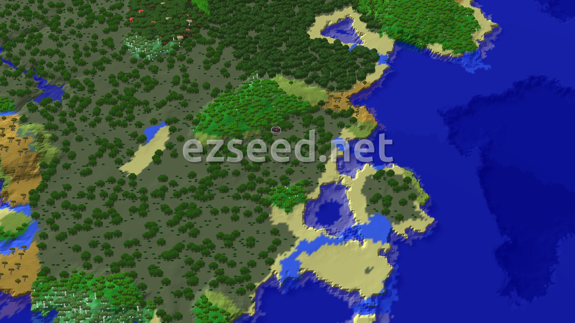 An aerial view of a Minecraft world showing a dense swamp with scattered trees, a forest, a sandy beach, and a large body of water, with a small spawn marker in the center.