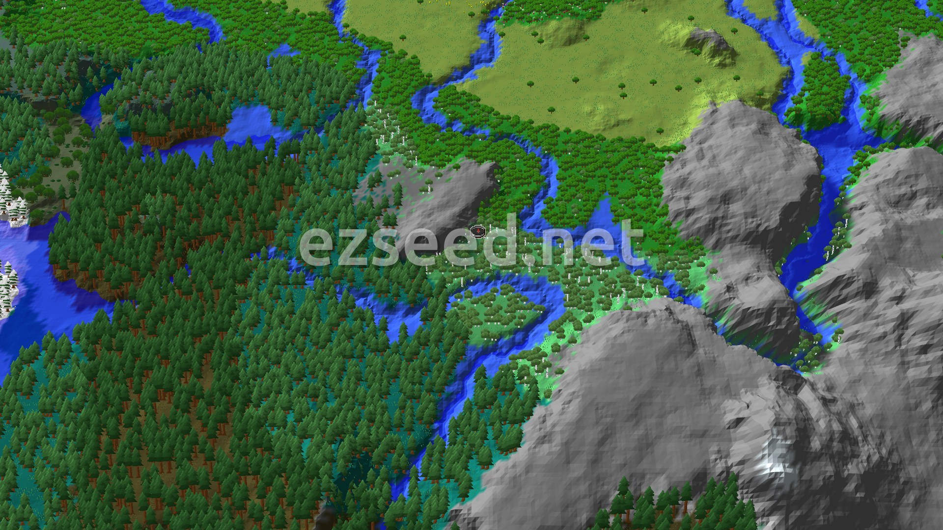 A 3D fly-over of a dense forest landscape with a river winding through, flanked by some rocky hills and a small spawn marker in the center.
