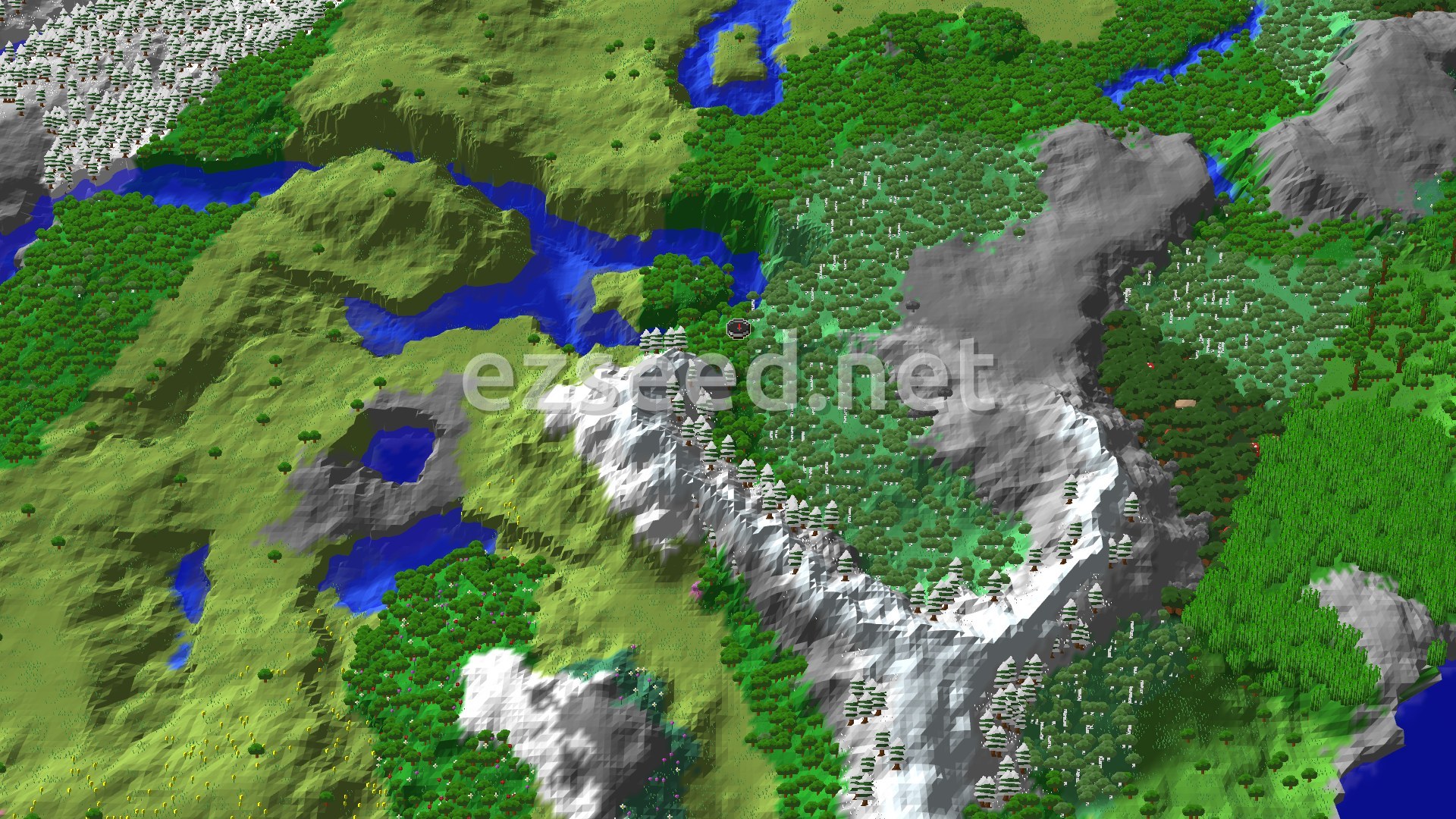 An aerial view of a varied Minecraft landscape featuring dense green forests, winding blue rivers, patches of flat plains, and towering grey and white snow-capped mountains. A small spawn marker is visible at the center.