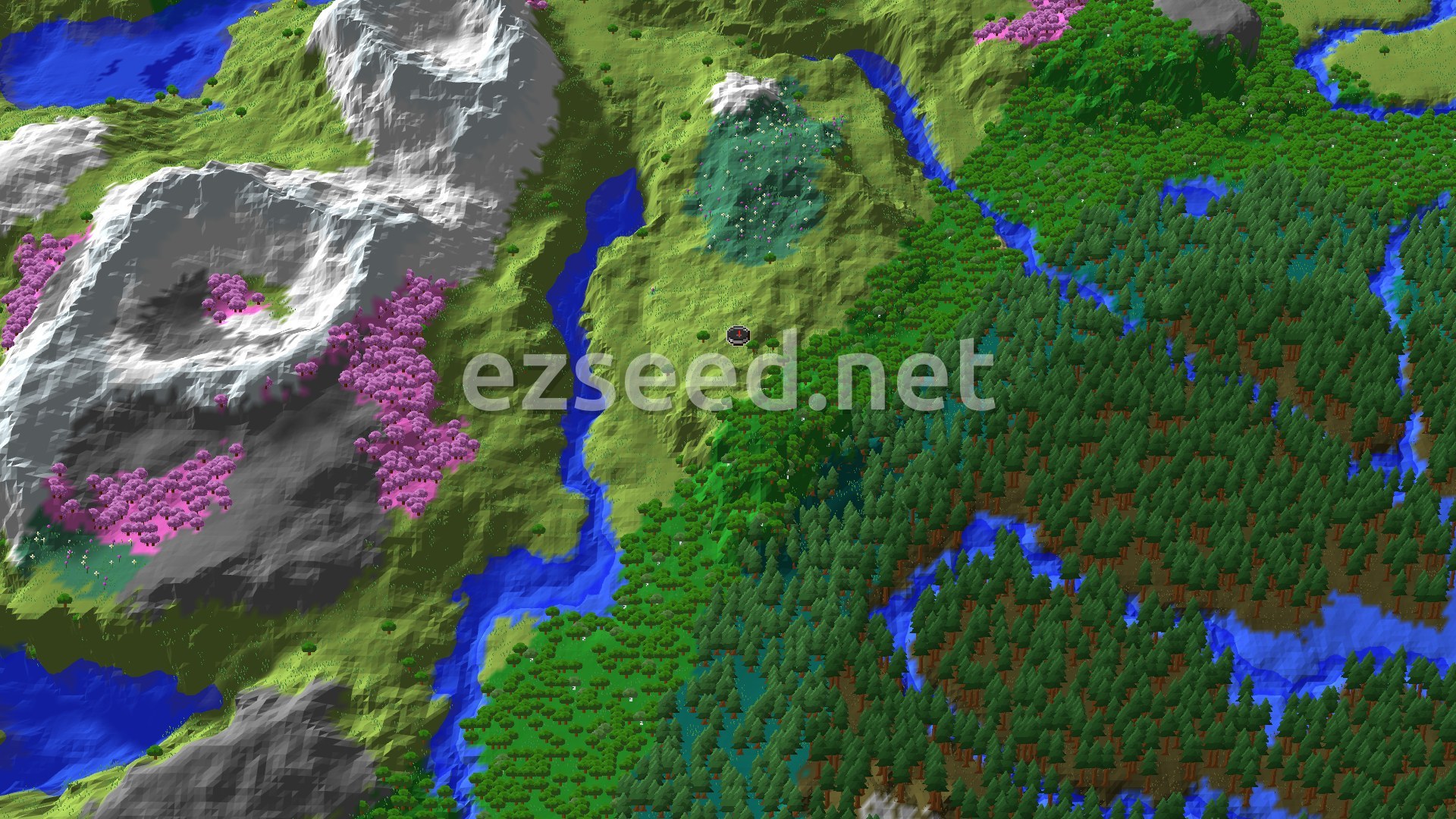 An aerial view shows a spawn marker in a flat plains biome, bordered by a river and various forests, with snowy mountains and cherry groves in the distance.