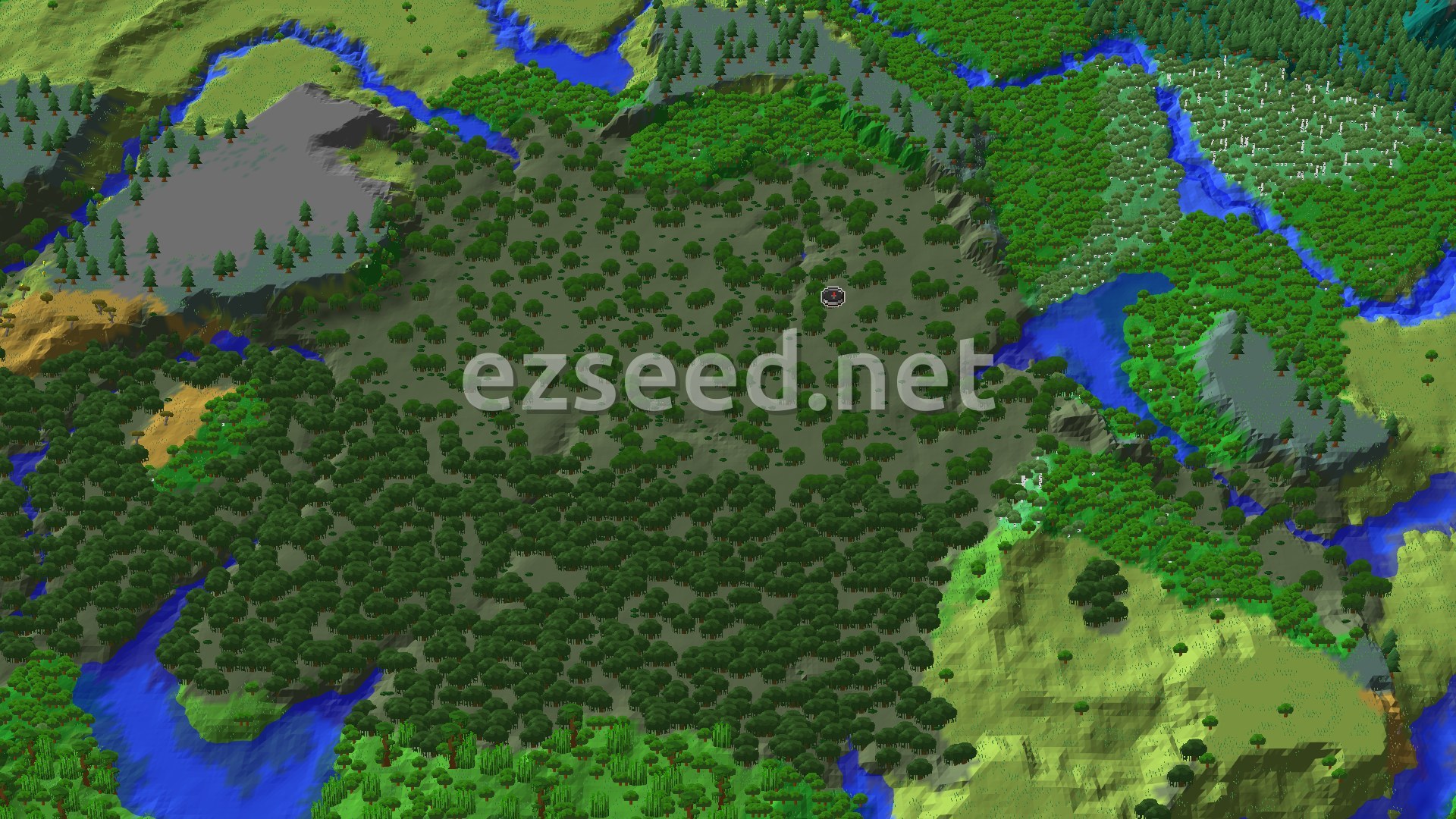 An overhead 3D view of a flat swamp biome with scattered trees and winding rivers, bordered by forests and a gray windswept hills biome in the distance. A small spawn marker sits near the center.