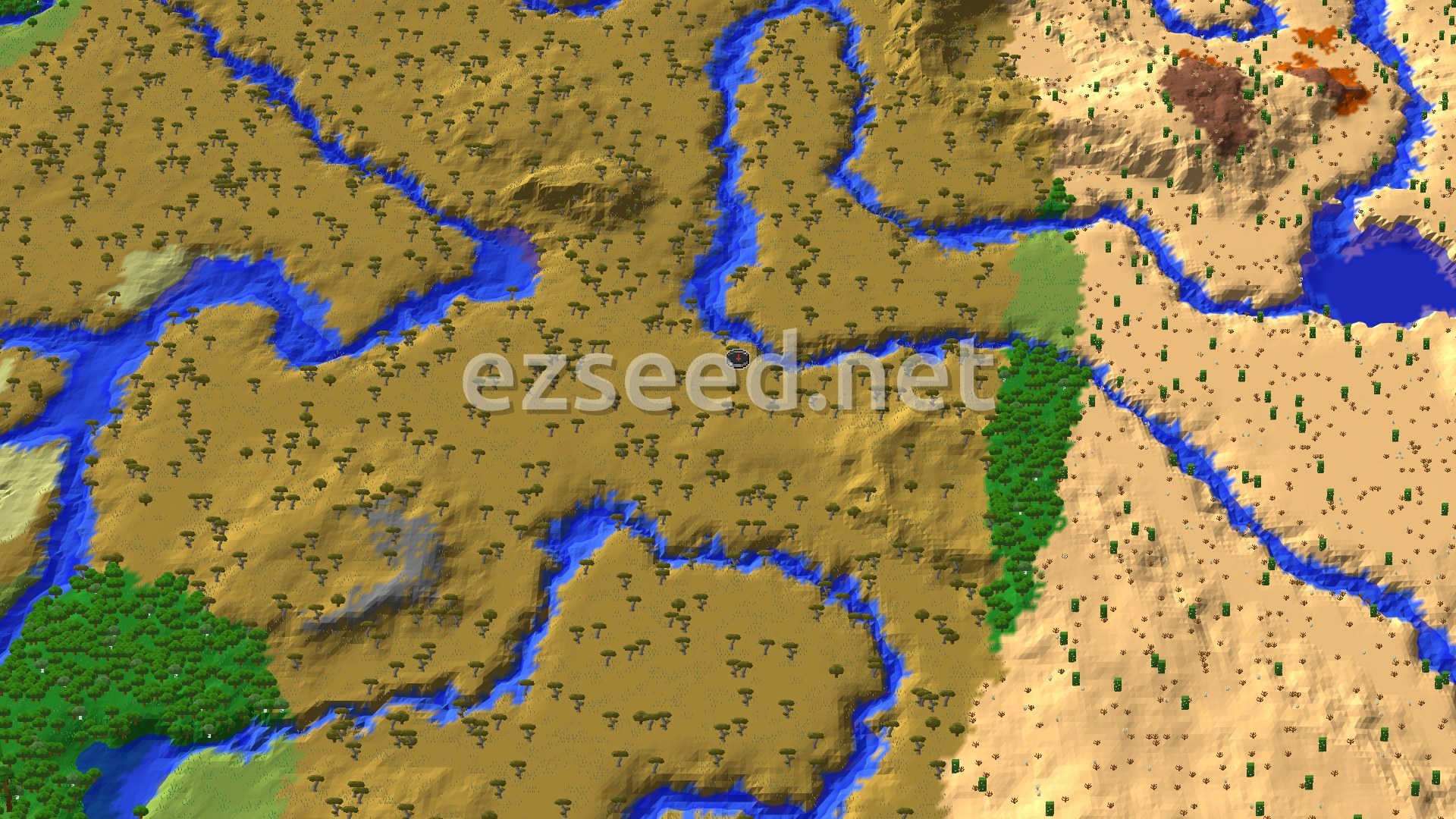 A 3D fly-over of a predominantly savanna and desert landscape, cut by rivers and featuring scattered trees and some green forest patches, with a spawn marker in the savanna.