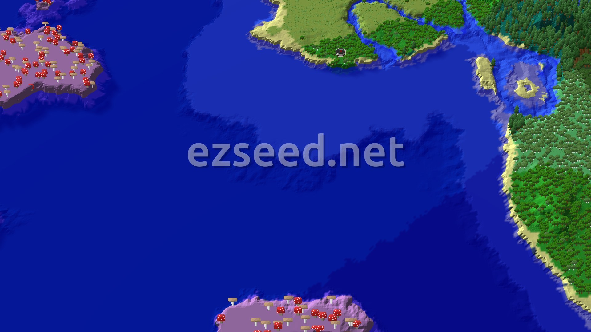 An aerial view of a forest, plains, and beach surrounding a small bay, with a distant mushroom island.