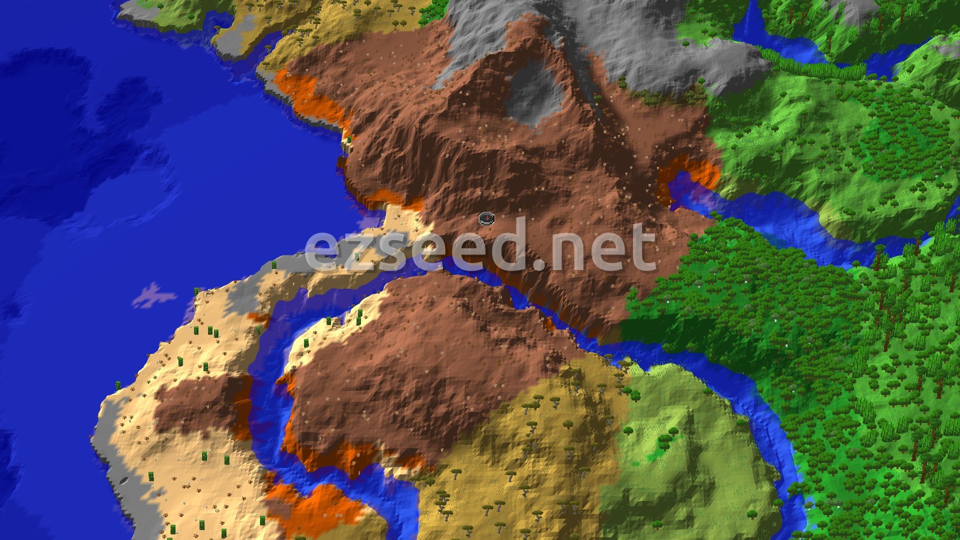An aerial view of a Minecraft world showing a central Badlands biome, flanked by a blue ocean to the west and green forests and savanna to the east, with rivers winding through the landscape.