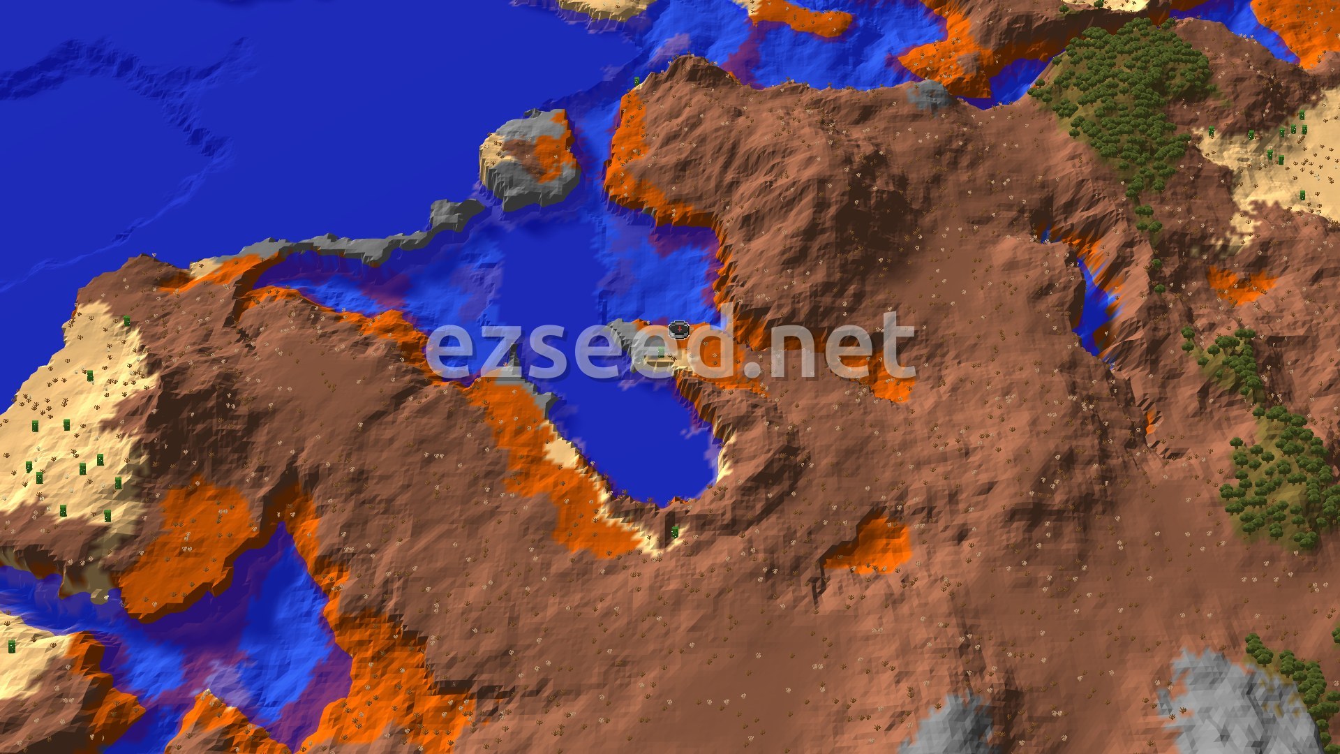 An aerial view of a Minecraft world showing a vast expanse of rust-colored Badlands terrain, with scattered patches of green trees, a winding river, and a deep blue ocean.