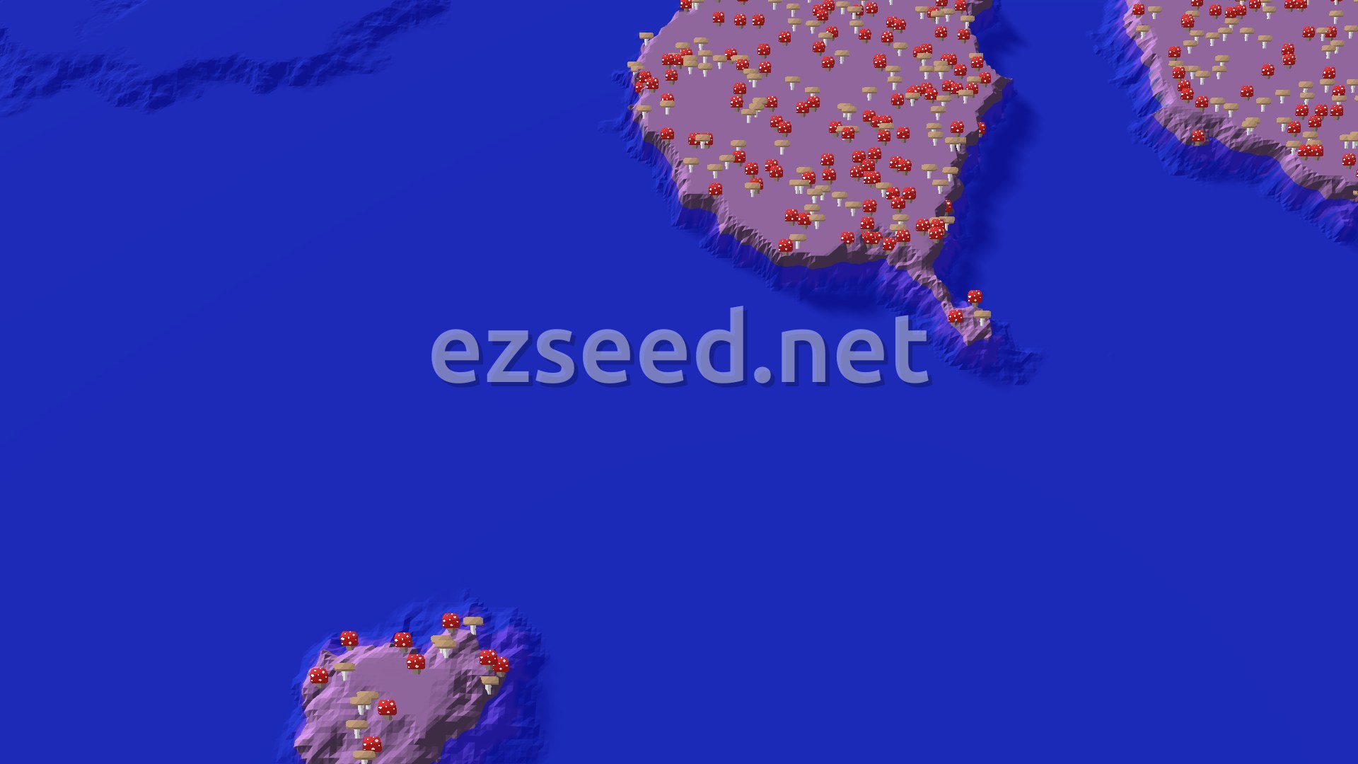 An overhead view shows a vast blue ocean with several light purple islands, covered in many red and white mushrooms, with a small spawn marker in the center.