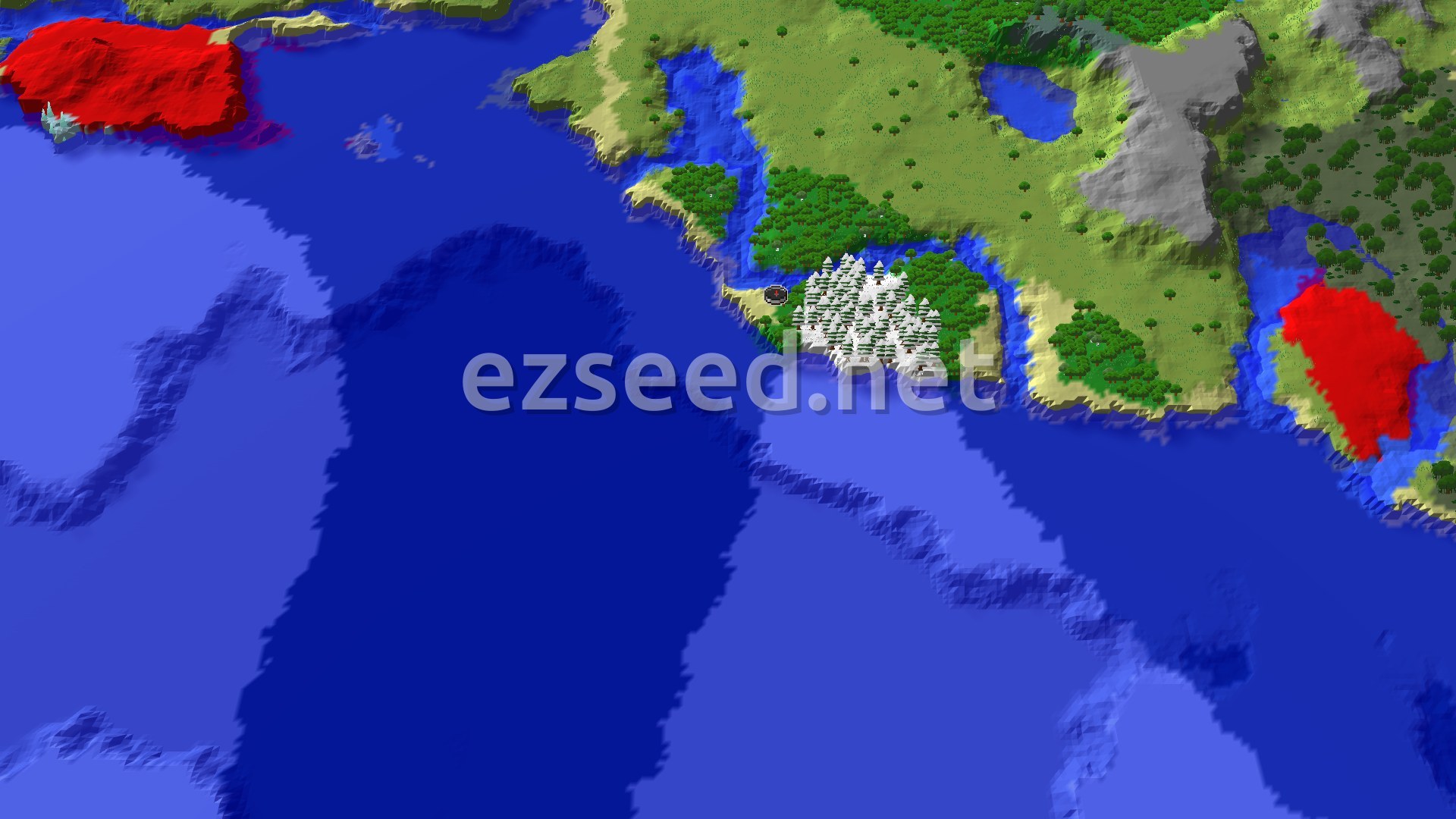 A snowy landscape with patches of forest, rivers, and cold ocean, viewed from above spawn.