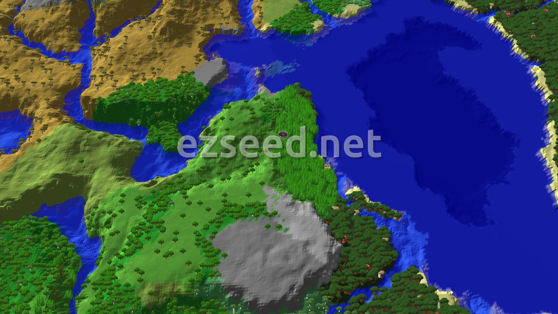 A 3D overhead view of a diverse landscape featuring a dense bamboo jungle at the center, surrounded by forests, a large ocean, and a savanna biome with winding rivers.