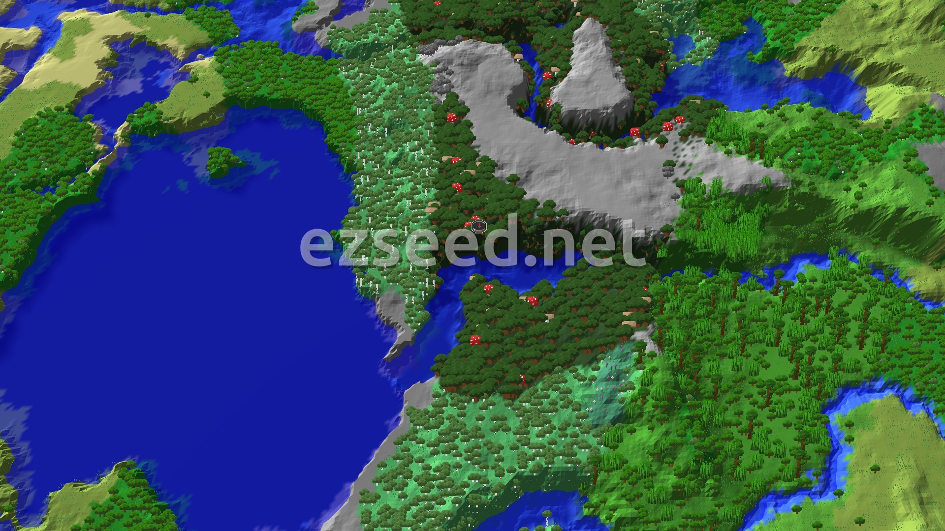 Aerial Minecraft seed map — Dark Forest Spawn with Nearby Rare Pale Garden