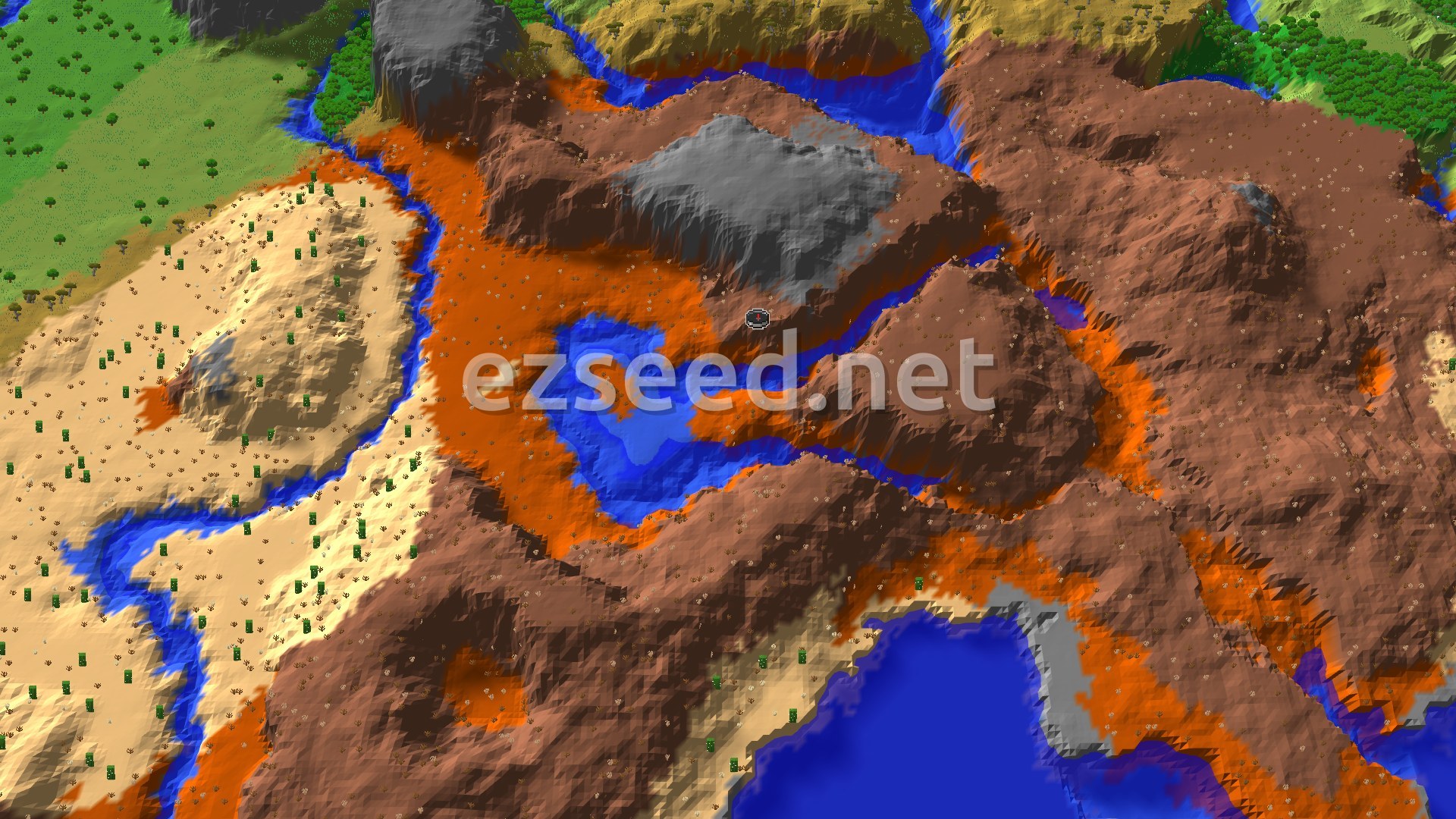 An aerial view of a Minecraft landscape featuring large areas of reddish-brown Badlands terrain, with patches of orange Eroded Badlands, a winding blue river, and a small spawn marker in the center.