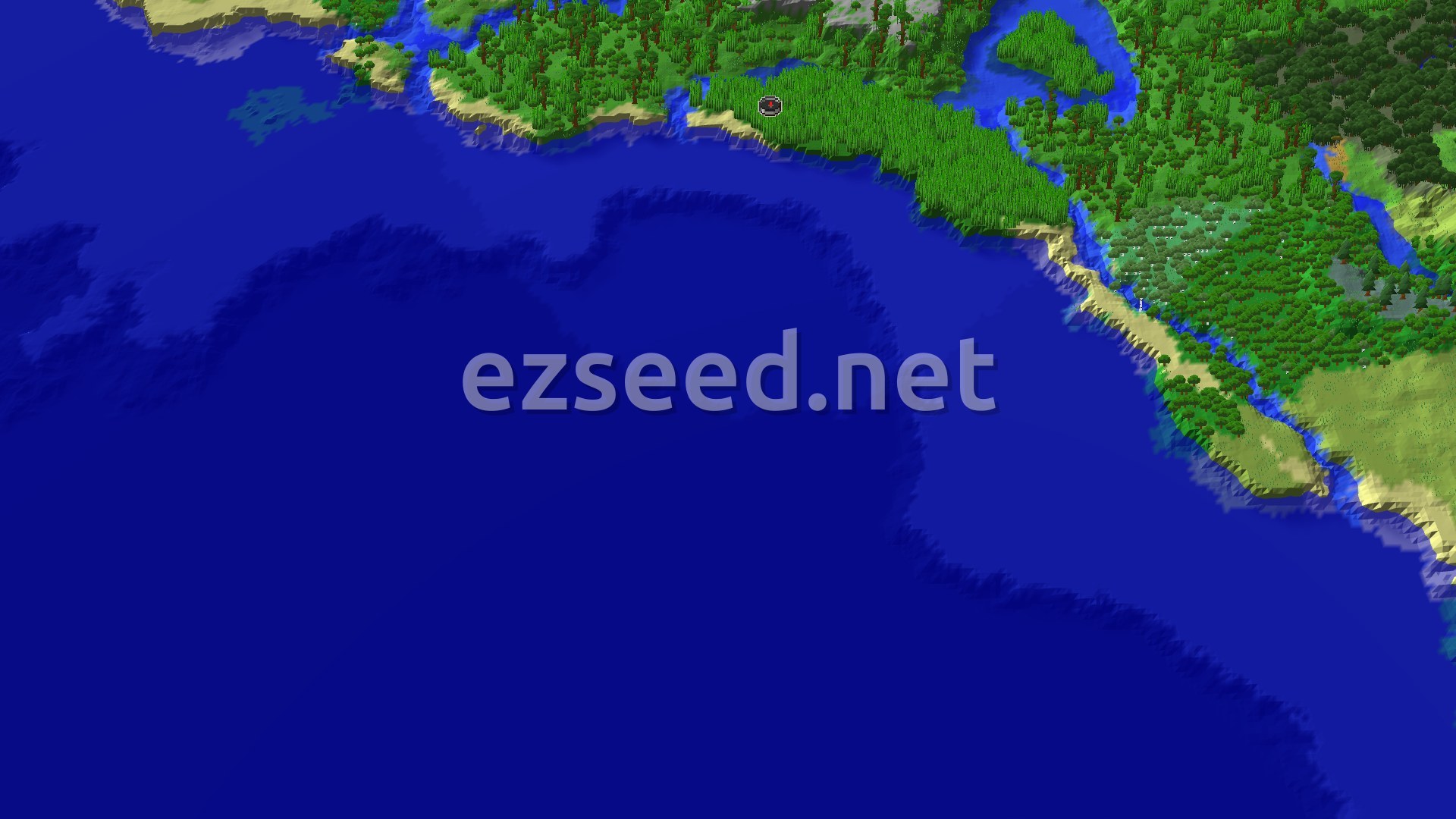 An aerial view shows a vast blue ocean meeting a winding coastline with sandy beaches and dense green jungles and forests.