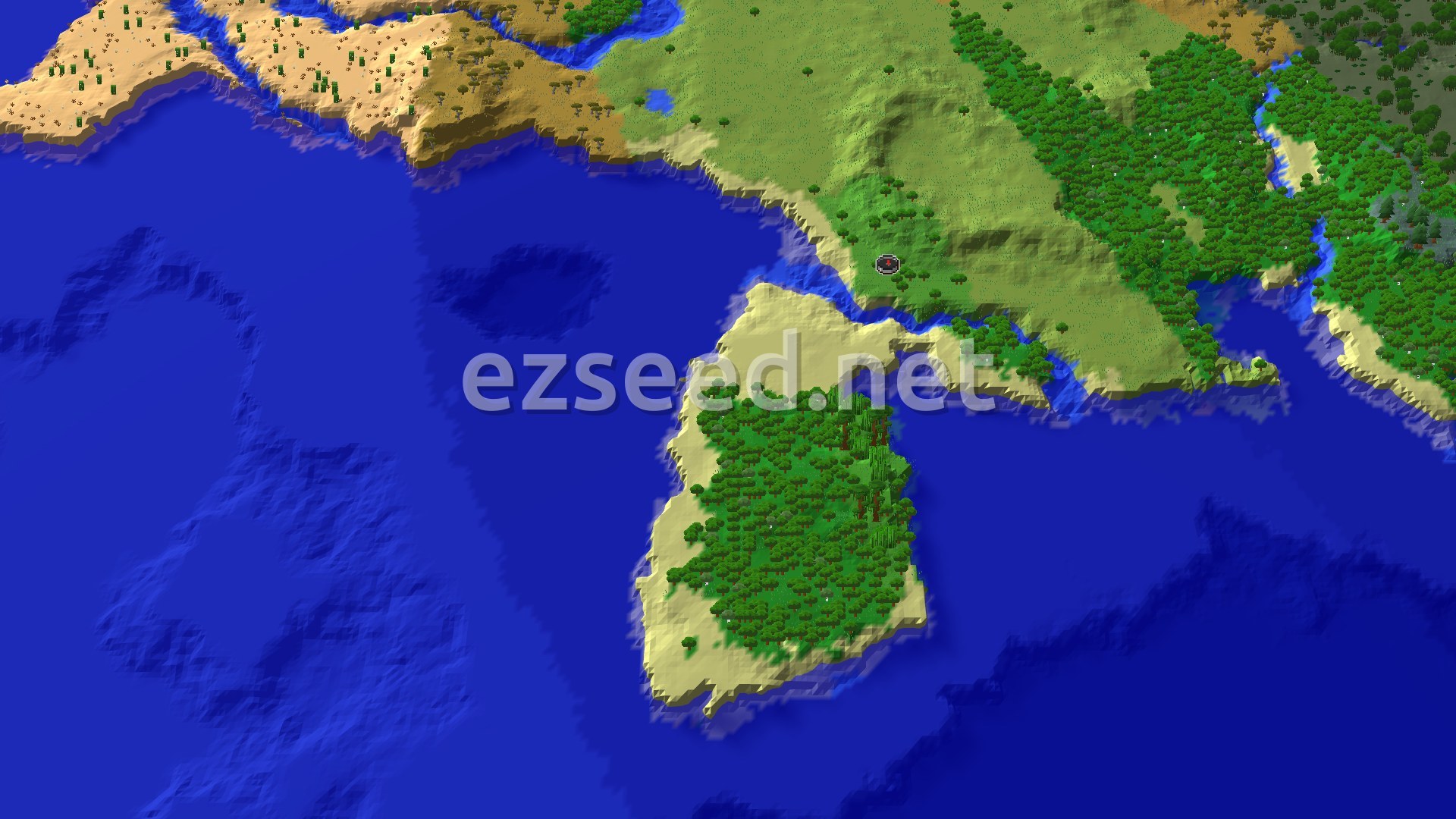An overhead view of a green, forested peninsula surrounded by blue ocean, with a sandy desert coast visible further north. A small spawn marker sits on the northern edge of the peninsula.