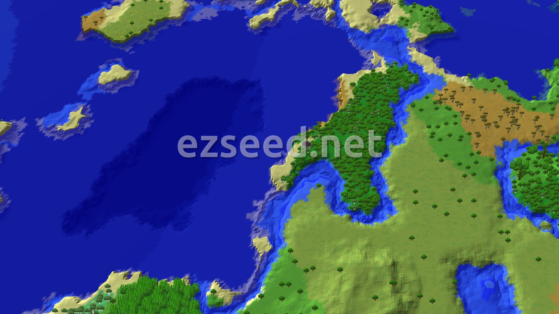 A 3D fly-over of a world showing a dense forest biome at the center, surrounded by oceans, beaches, and some savanna terrain. A small spawn marker is visible in the forest.