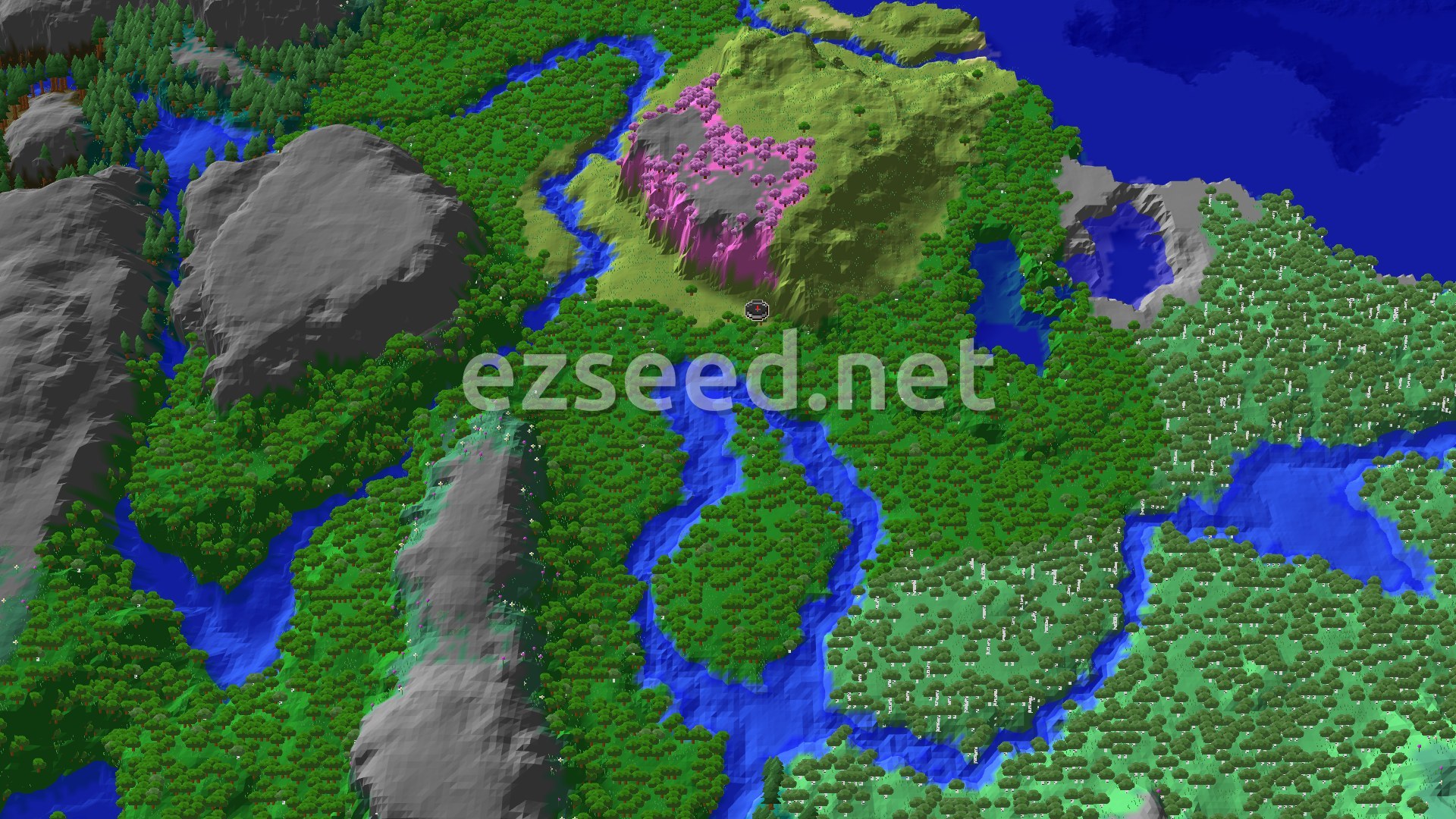 A 3D render of the spawn area shows a mix of dense green forests, winding blue rivers, and a prominent pink-leafed cherry grove nestled into a lighter green hill, with grey mountains in the distance.