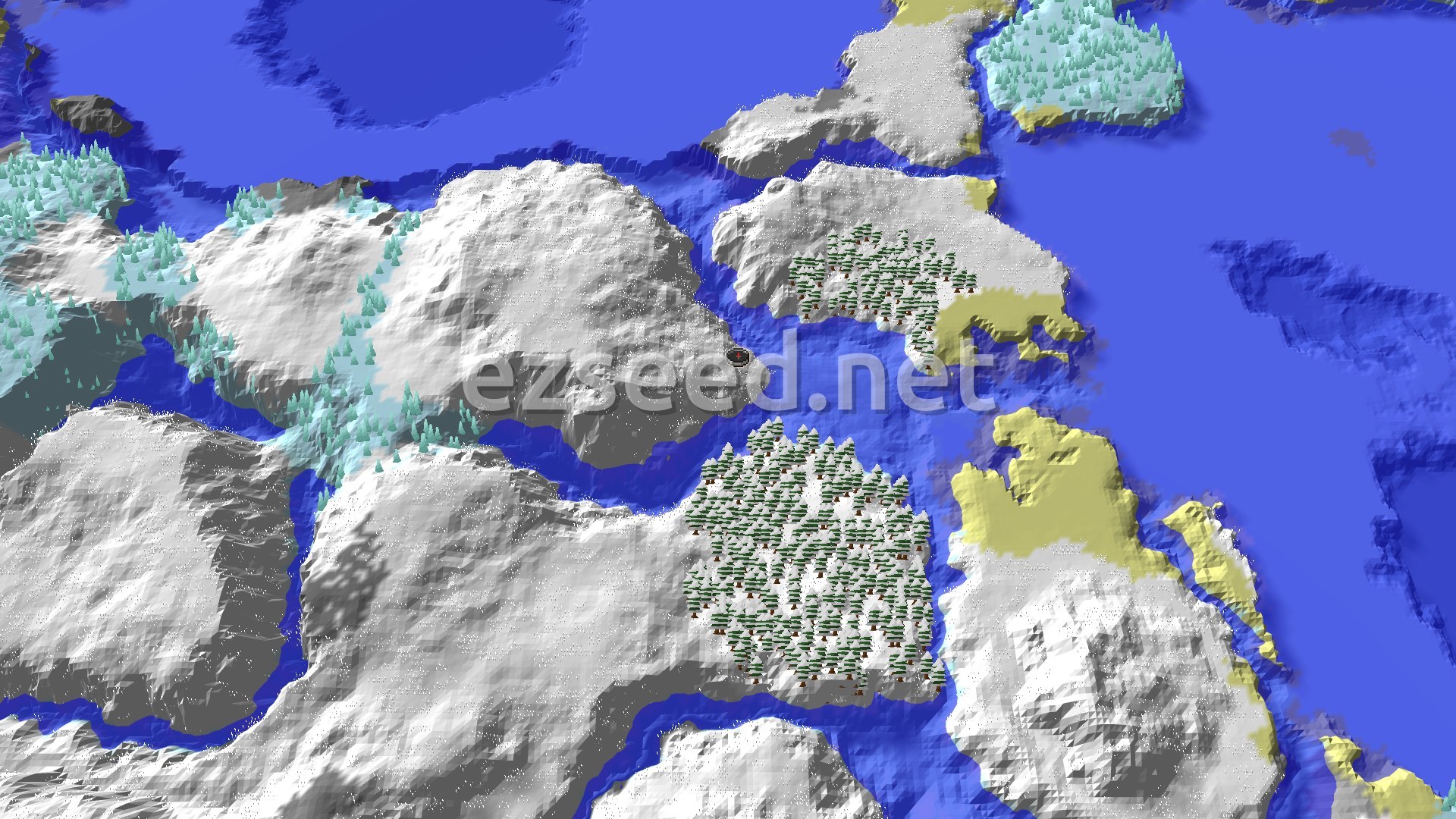 An aerial 3D view of a snow-covered landscape with a frozen river, a smattering of snowy trees, and distant icy peaks, with a small spawn marker at the center.