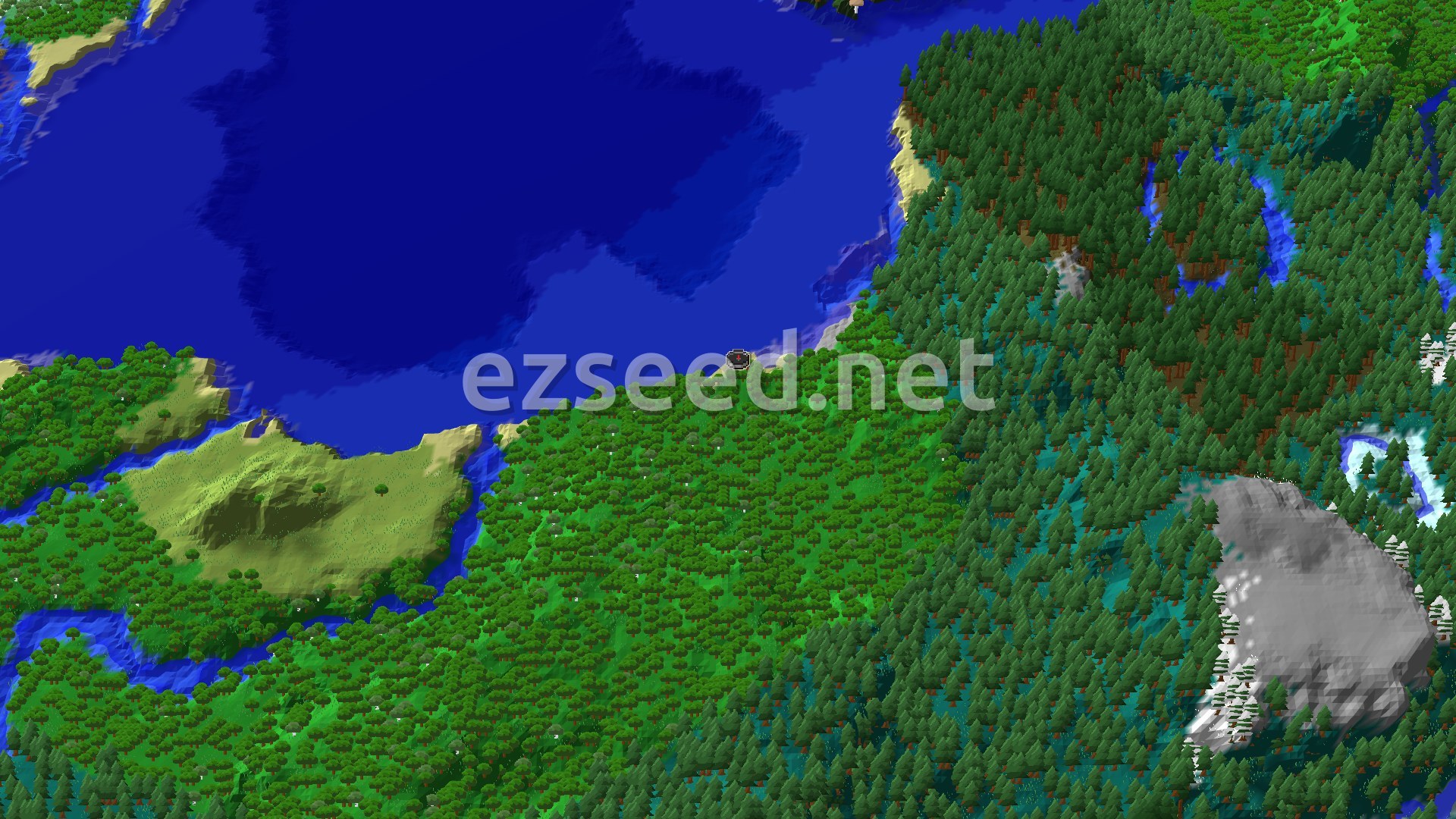 A 3D overhead view of a densely forested landscape with a large body of cold ocean to the north and a small spawn marker in the center.