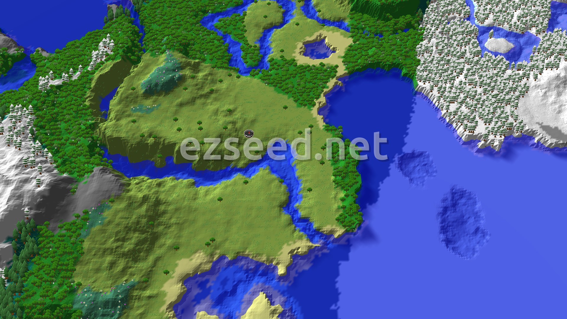 A bird's-eye view of a sprawling green plains biome at the center, surrounded by dark green forests, winding blue rivers, and snow-capped mountains in the distance. A small spawn marker is visible in the plains.