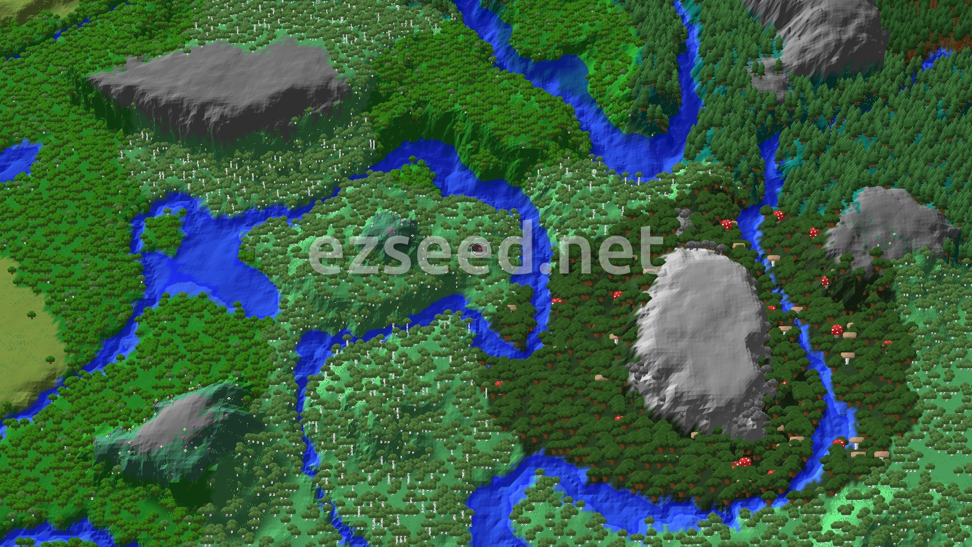 An aerial view of a verdant landscape with dense forests, winding rivers, and a few bare, rocky hills. Birch trees are scattered among the darker forest trees.
