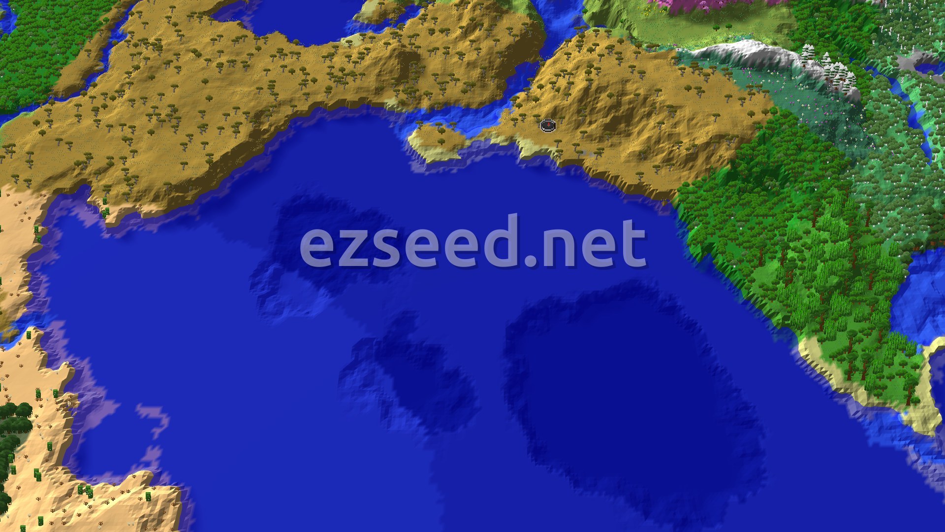 An overhead view of a savanna biome with scattered acacia trees, bordered by a large ocean and patches of forest and snowy mountains in the distance, with a small marker at the spawn point.
