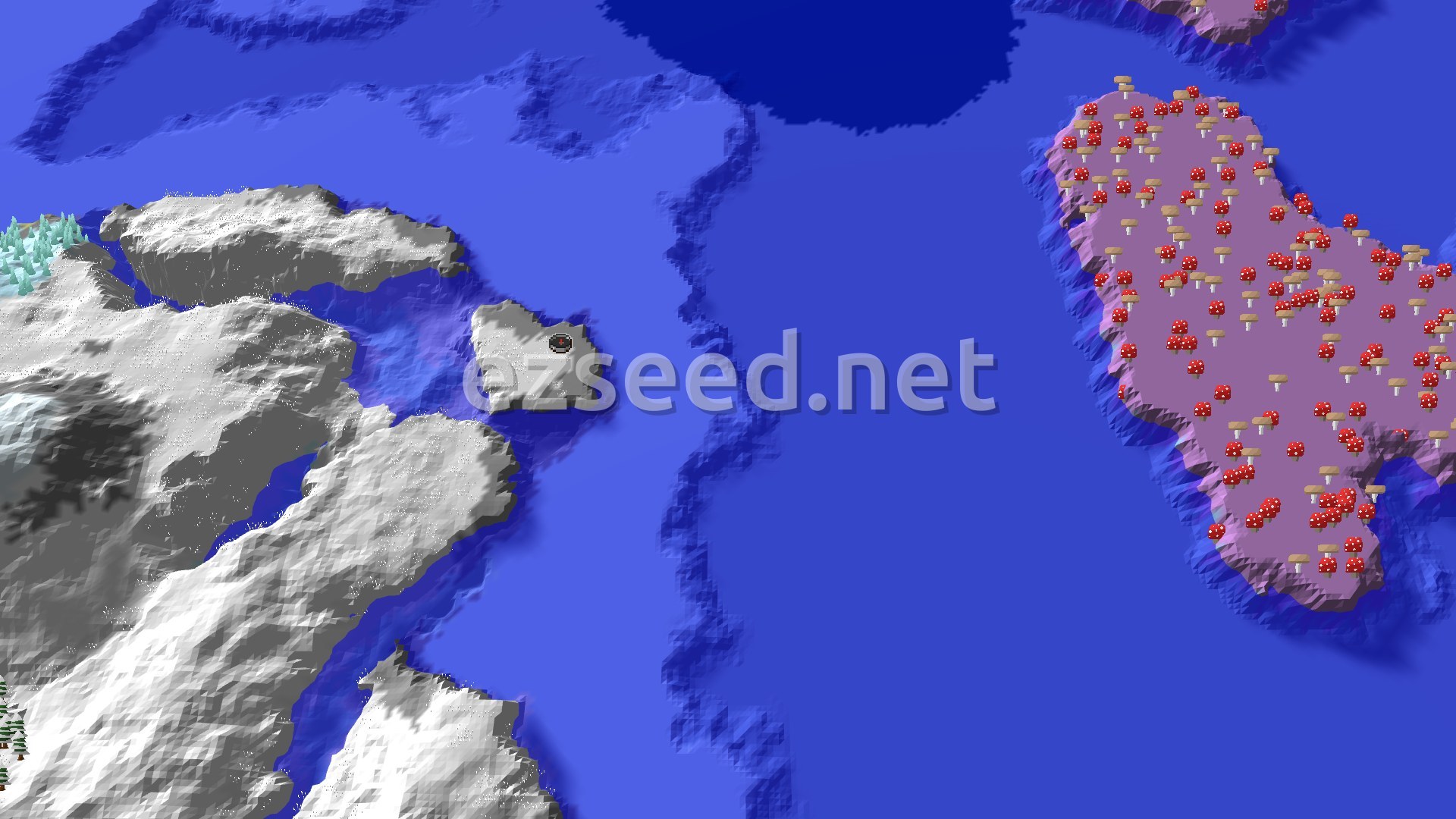 Aerial Minecraft seed map — Mushroom Fields Near Snowy Plains Spawn