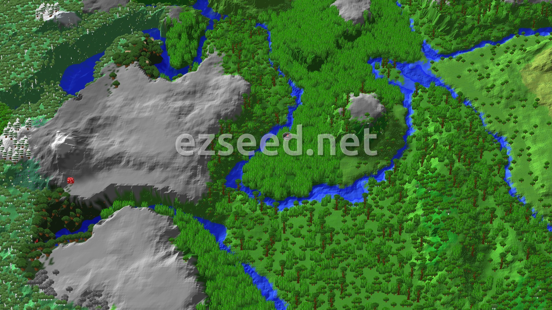 An aerial view of a verdant landscape featuring a dense jungle, bamboo forests, winding rivers, and a few patches of grey, rocky mountains, with a small spawn marker in the center.